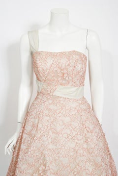 Vintage 1950's Jacques Heim Haute Couture Pink and White Lace One-Shoulder Dress