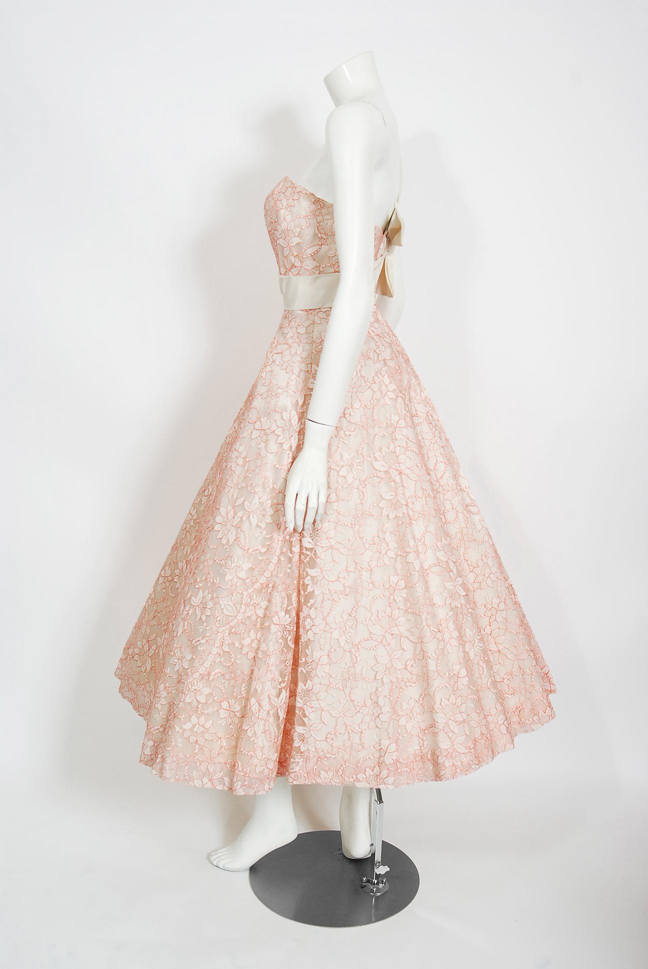 Vintage 1950's Jacques Heim Haute Couture Pink and White Lace One-Shoulder Dress In Good Condition In Beverly Hills, CA