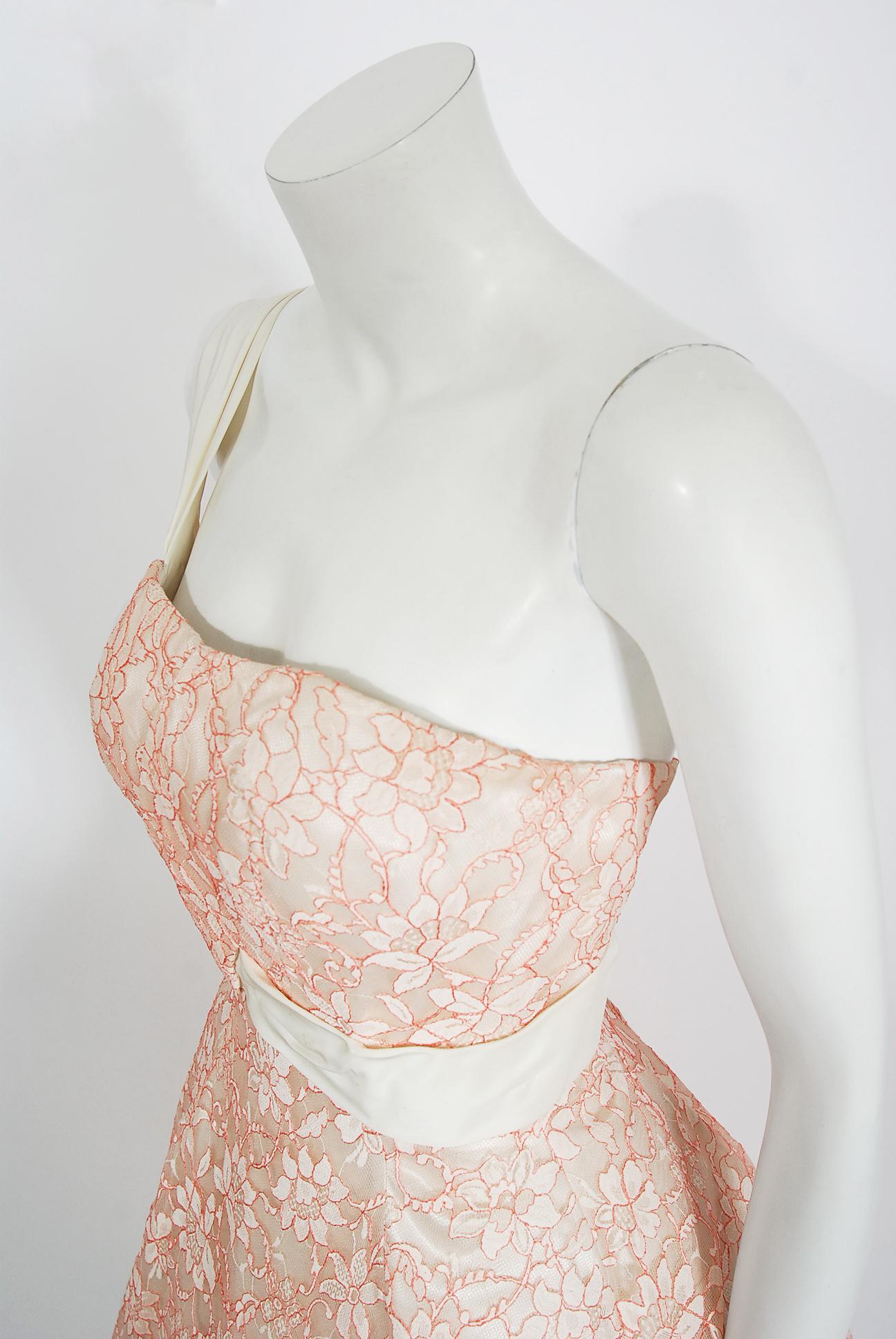 Women's Vintage 1950's Jacques Heim Haute Couture Pink and White Lace One-Shoulder Dress