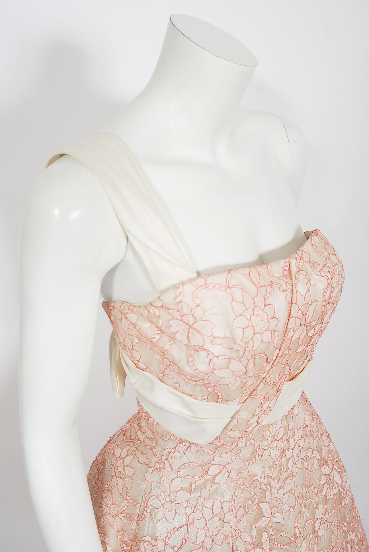 Vintage 1950's Jacques Heim Haute Couture Pink and White Lace One-Shoulder Dress 1