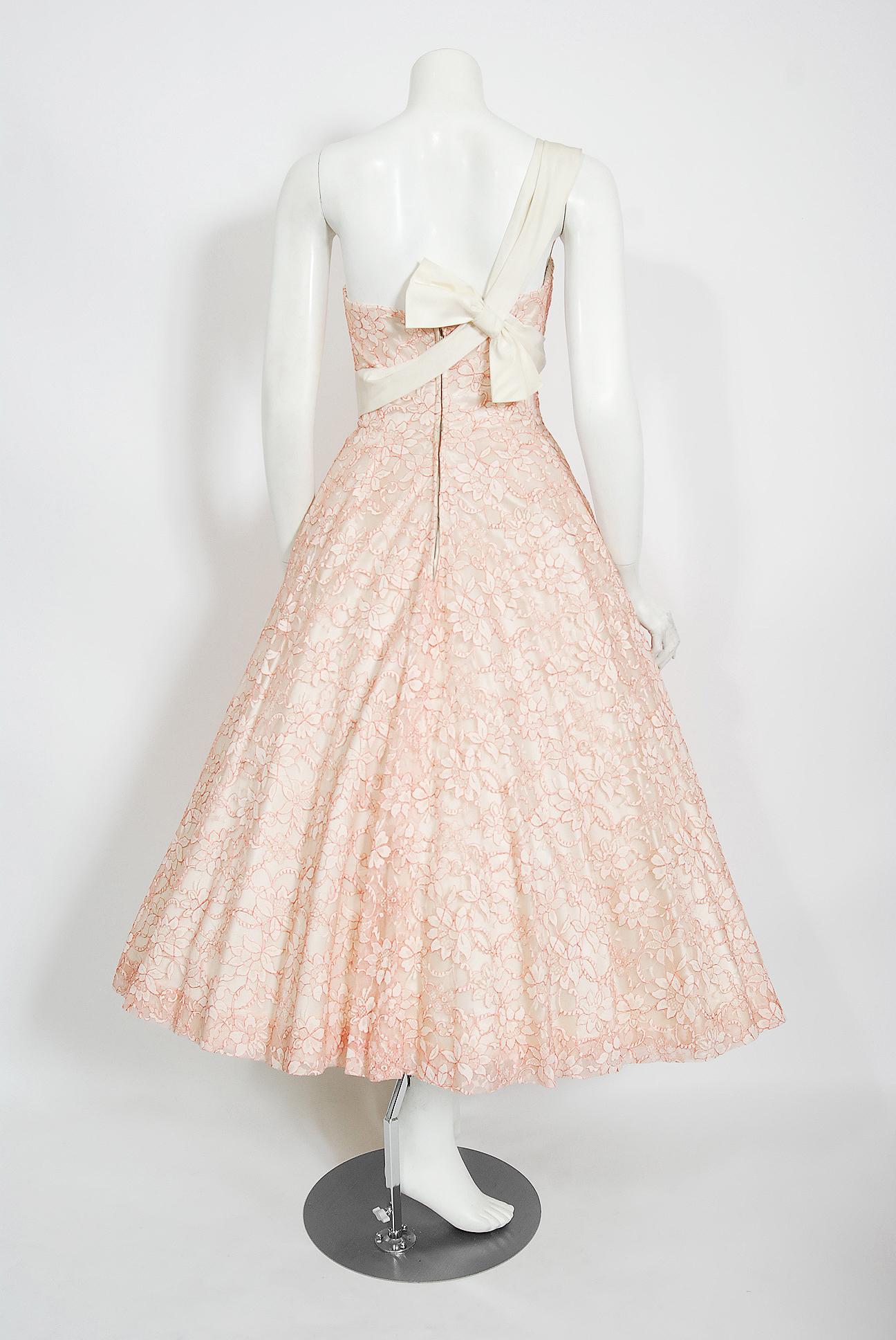 Vintage 1950's Jacques Heim Haute Couture Pink and White Lace One-Shoulder Dress 4