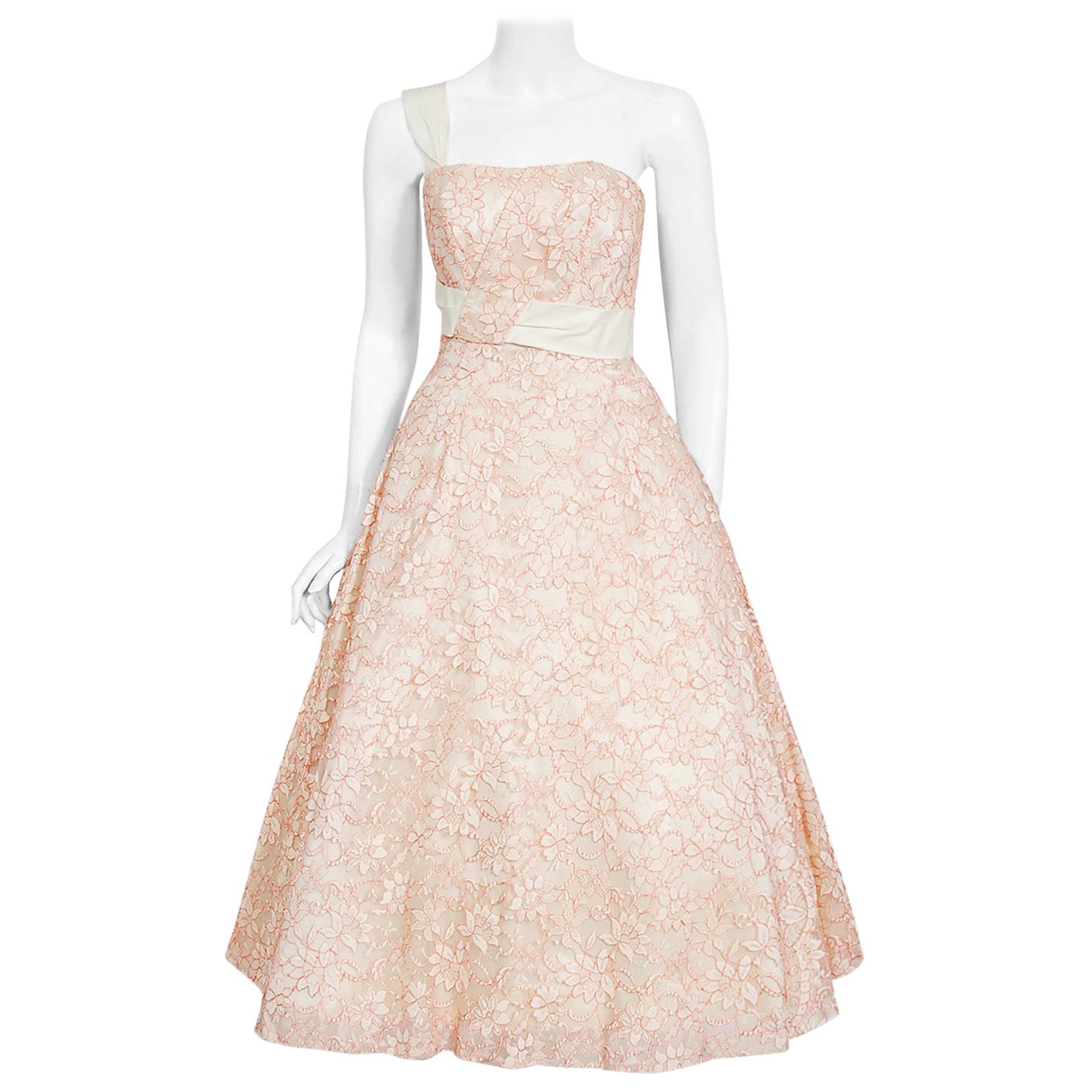 Vintage 1950's Jacques Heim Haute Couture Pink and White Lace One-Shoulder Dress