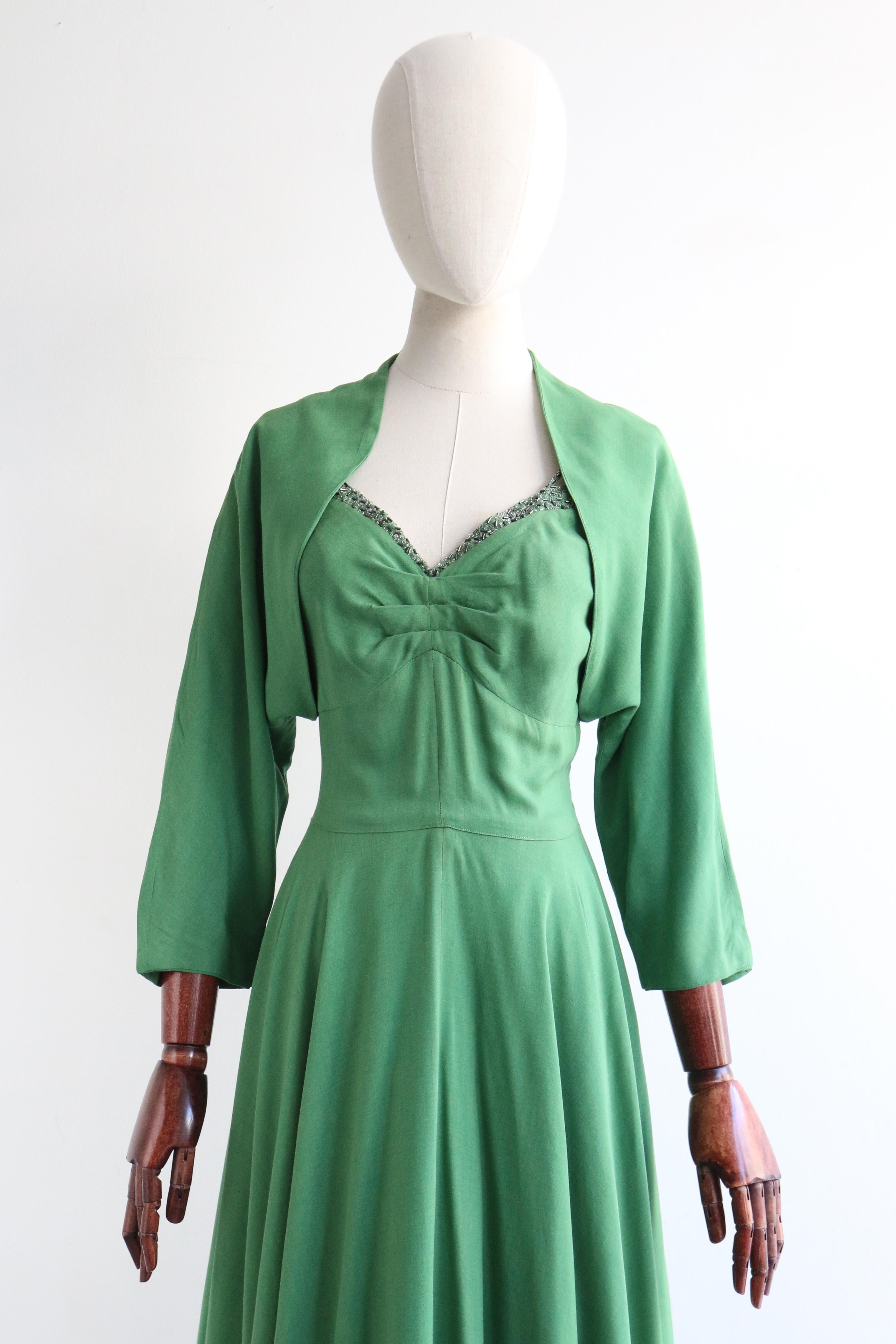 Vintage 1950's Jade Green Bead Embellished Evening Dress & Bolero UK 12 US 8 For Sale 6