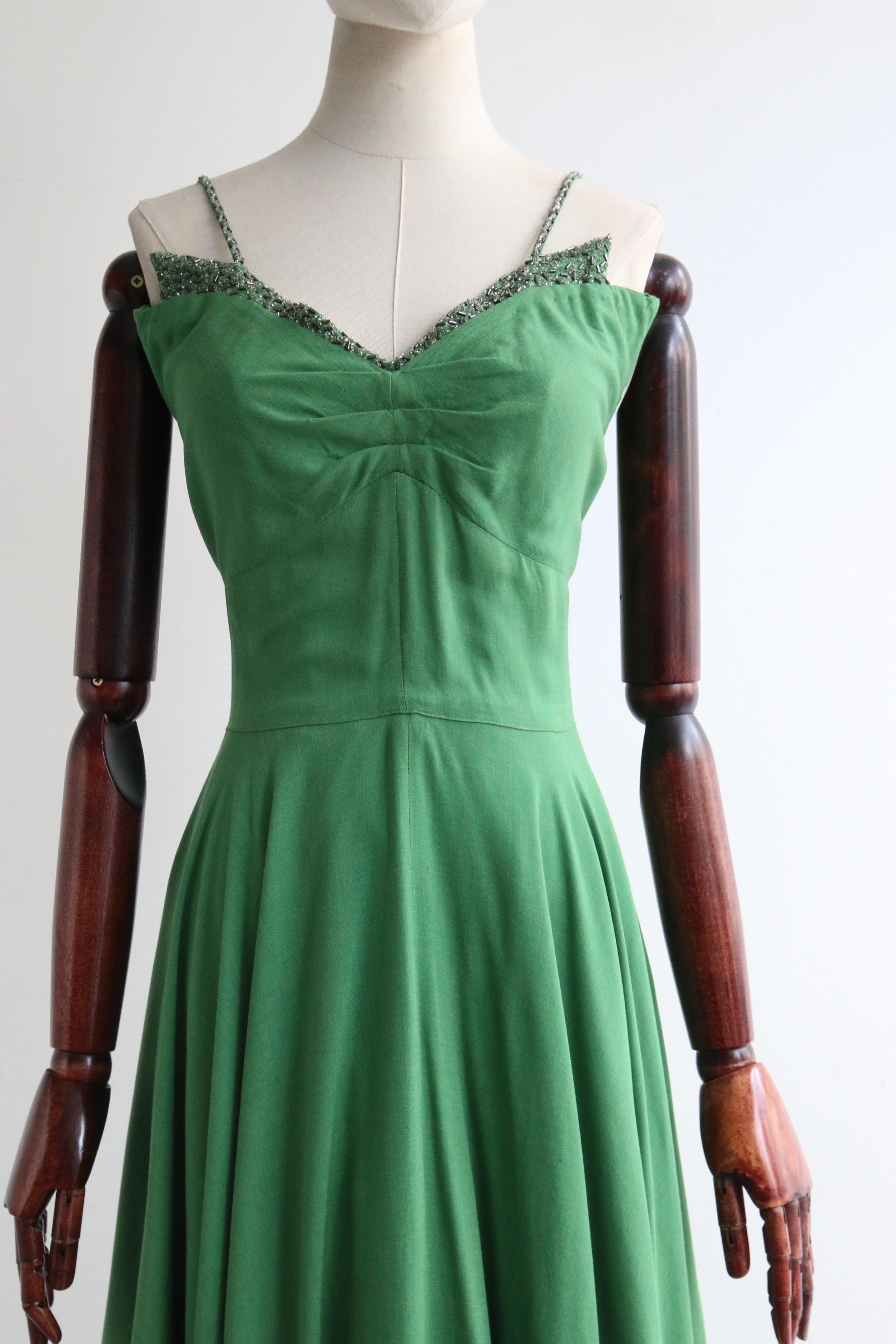 Women's or Men's Vintage 1950's Jade Green Bead Embellished Evening Dress & Bolero UK 12 US 8 For Sale