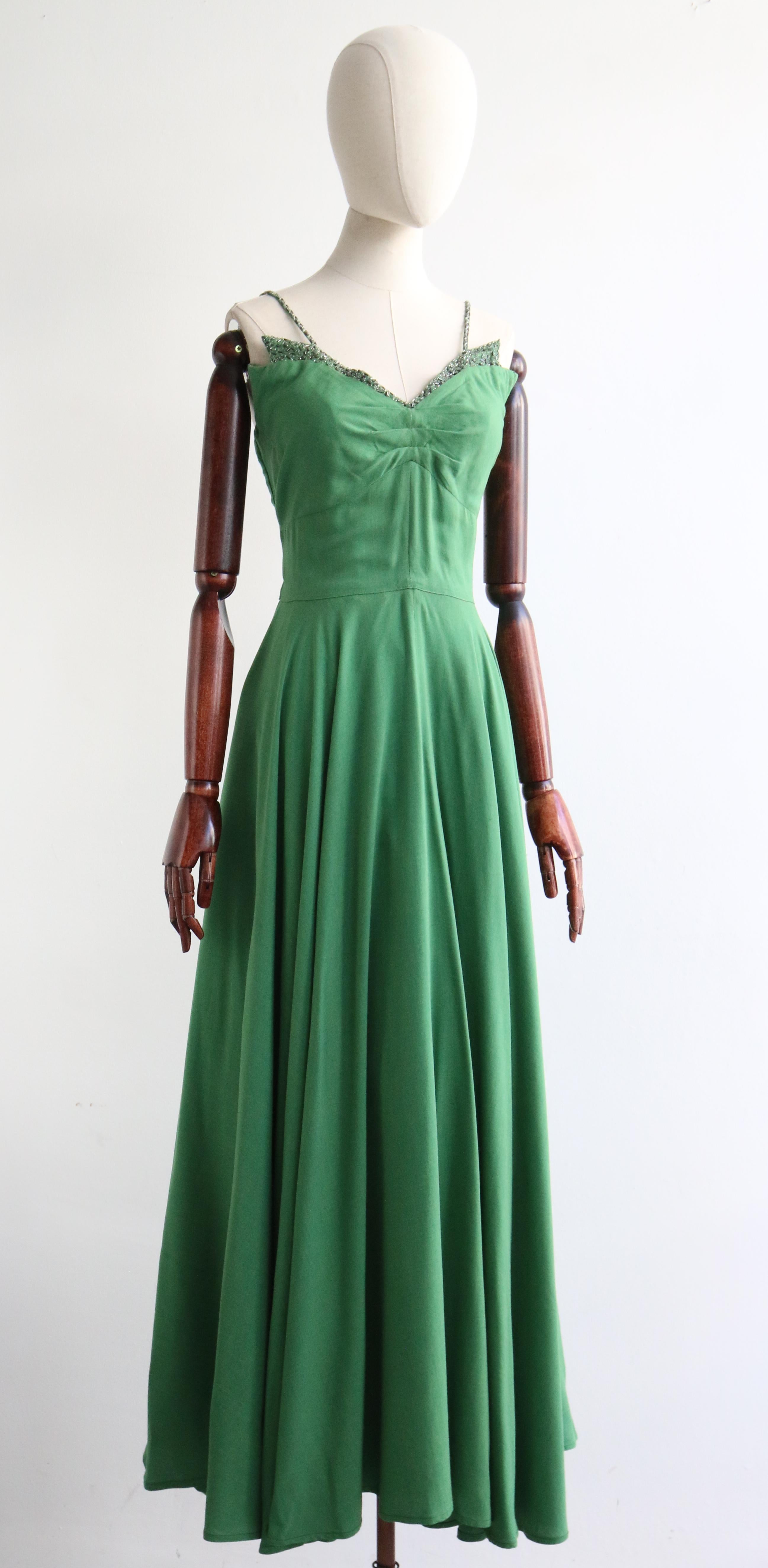 Vintage 1950's Jade Green Bead Embellished Evening Dress & Bolero UK 12 US 8 For Sale 1