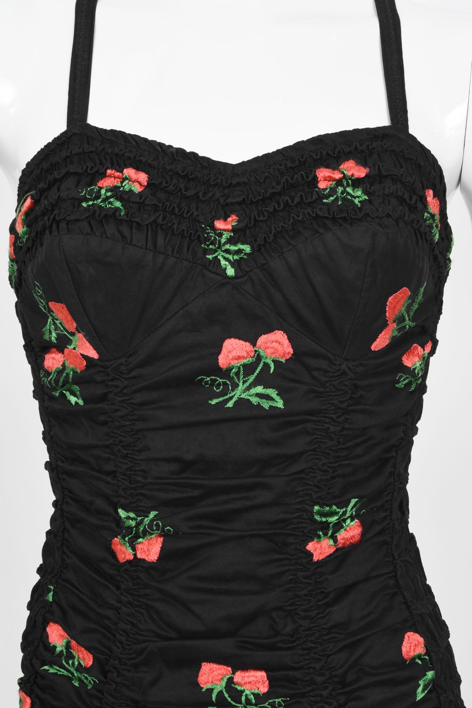 Black Vintage 1950's Jantzen Embroidered Strawberries Swimsuit & Terry-Cloth Cover Up