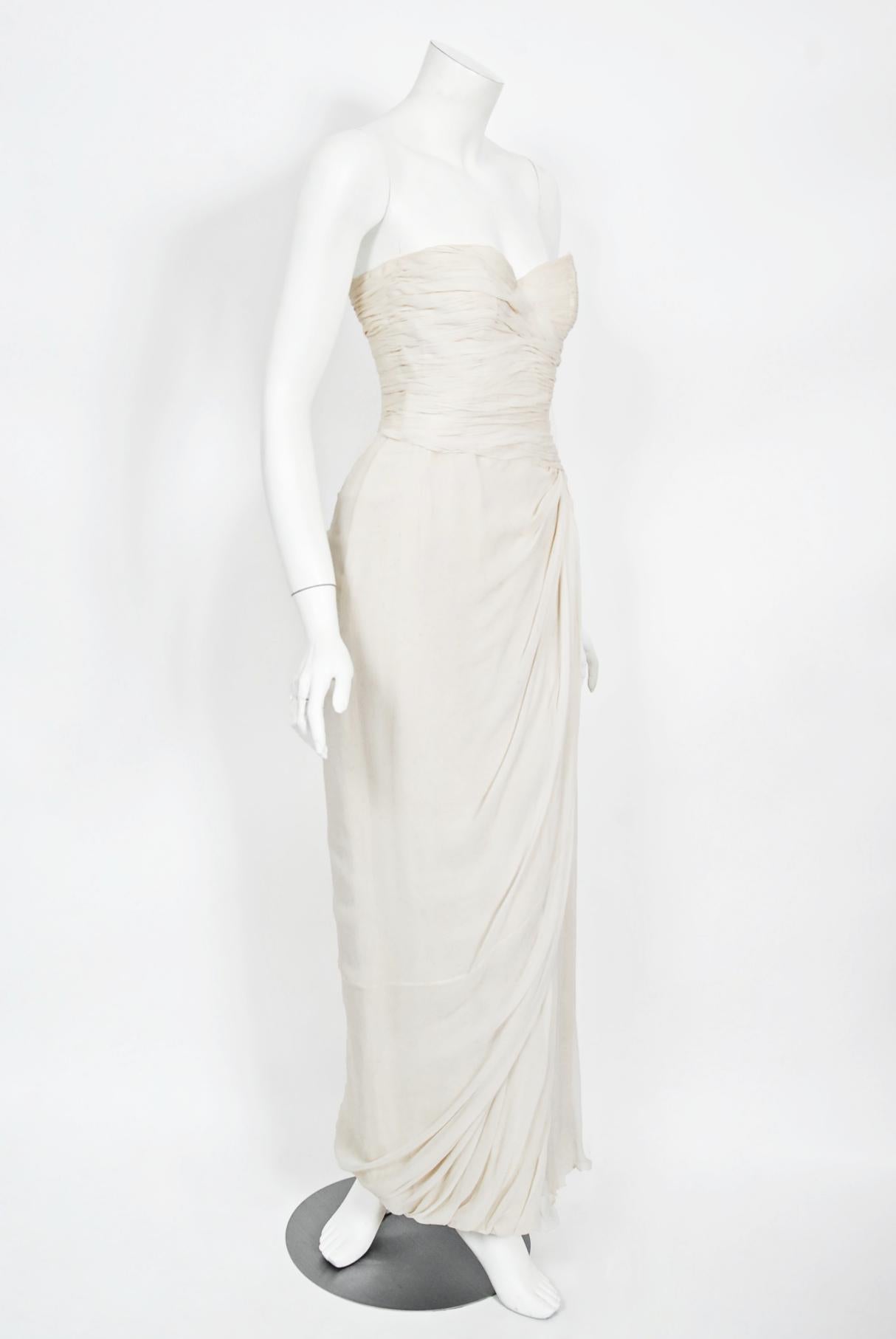 Vintage 1950s Jean Dessès Haute Couture Ivory Silk Chiffon Strapless Draped Gown 6