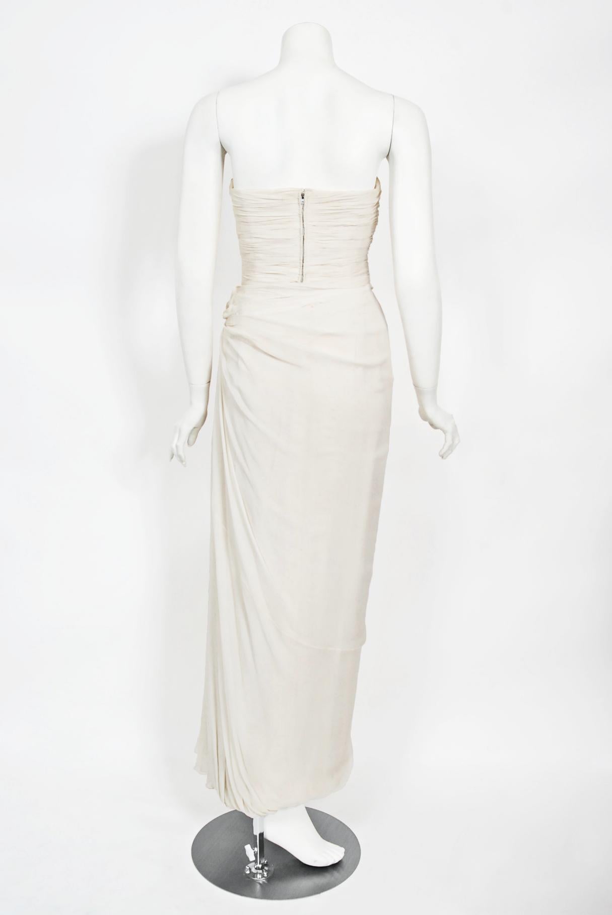 Vintage 1950s Jean Dessès Haute Couture Ivory Silk Chiffon Strapless Draped Gown 8