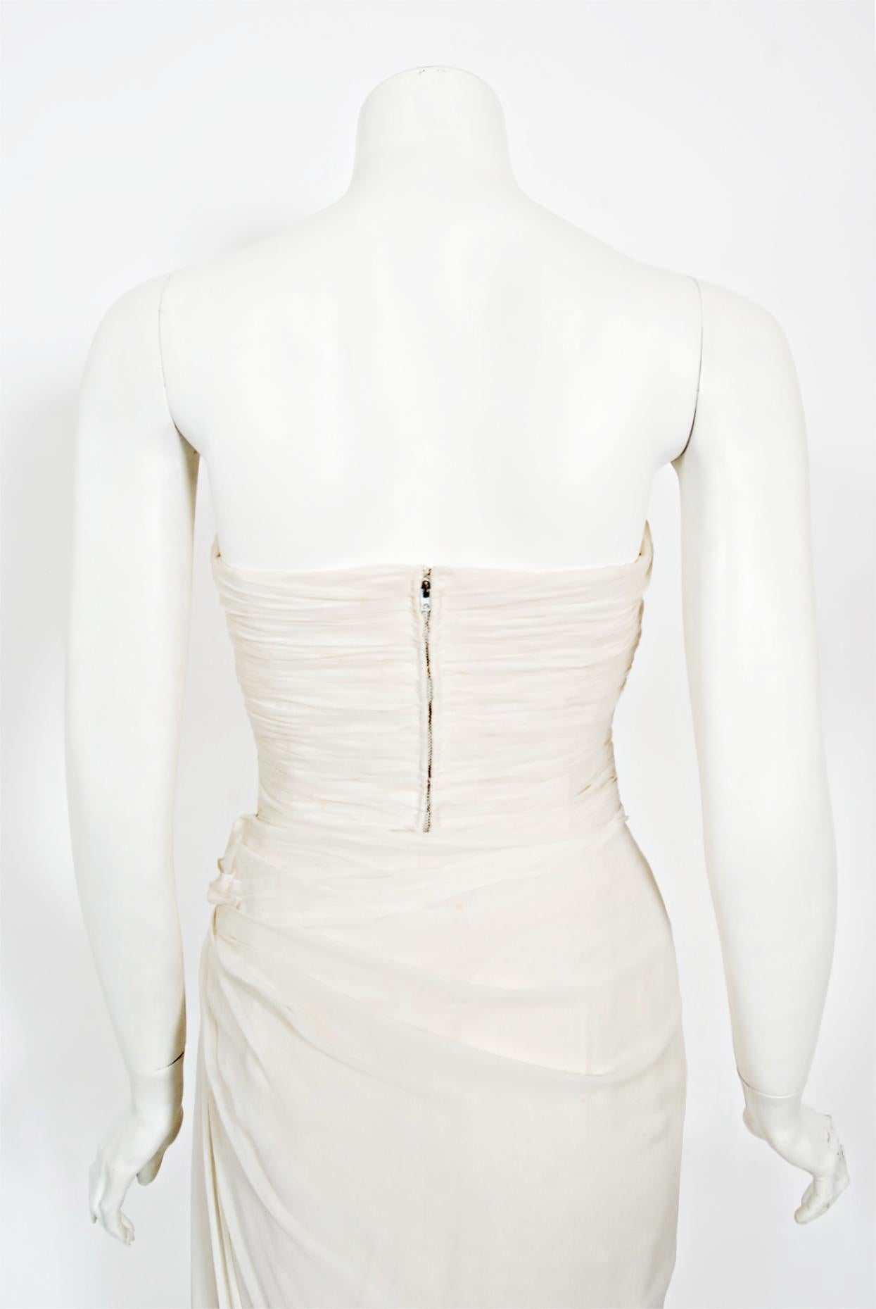 Vintage 1950s Jean Dessès Haute Couture Ivory Silk Chiffon Strapless Draped Gown 9