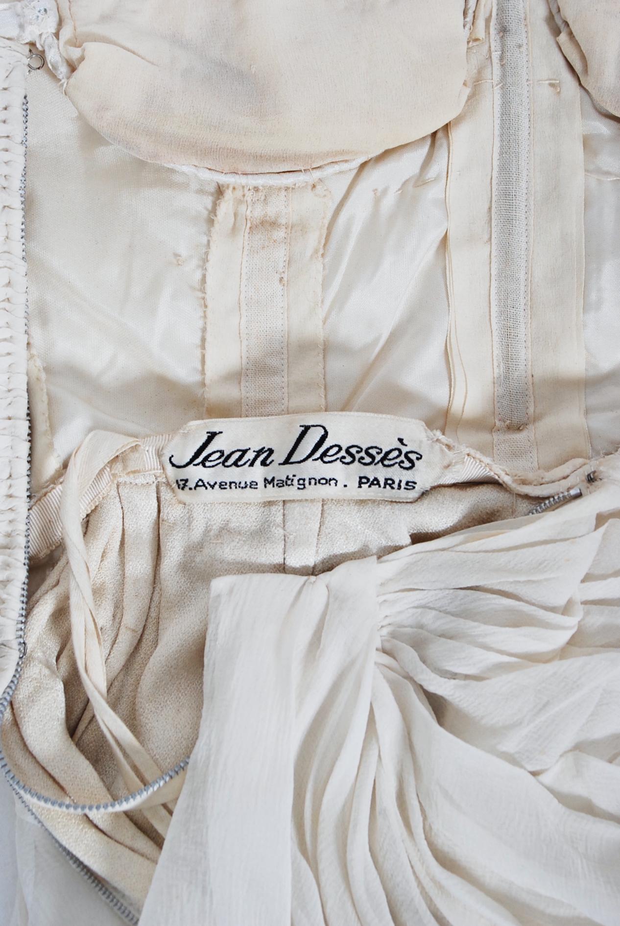 Vintage 1950s Jean Dessès Haute Couture Ivory Silk Chiffon Strapless Draped Gown 12