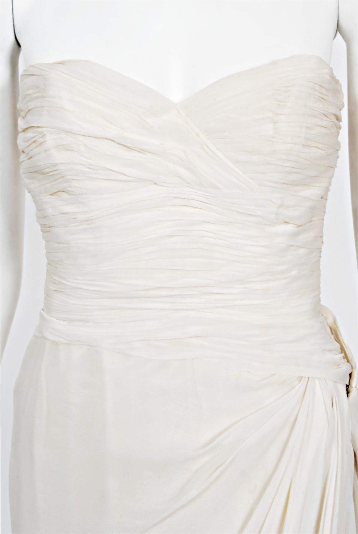 Vintage 1950s Jean Dessès Haute Couture Ivory Silk Chiffon Strapless Draped Gown 1