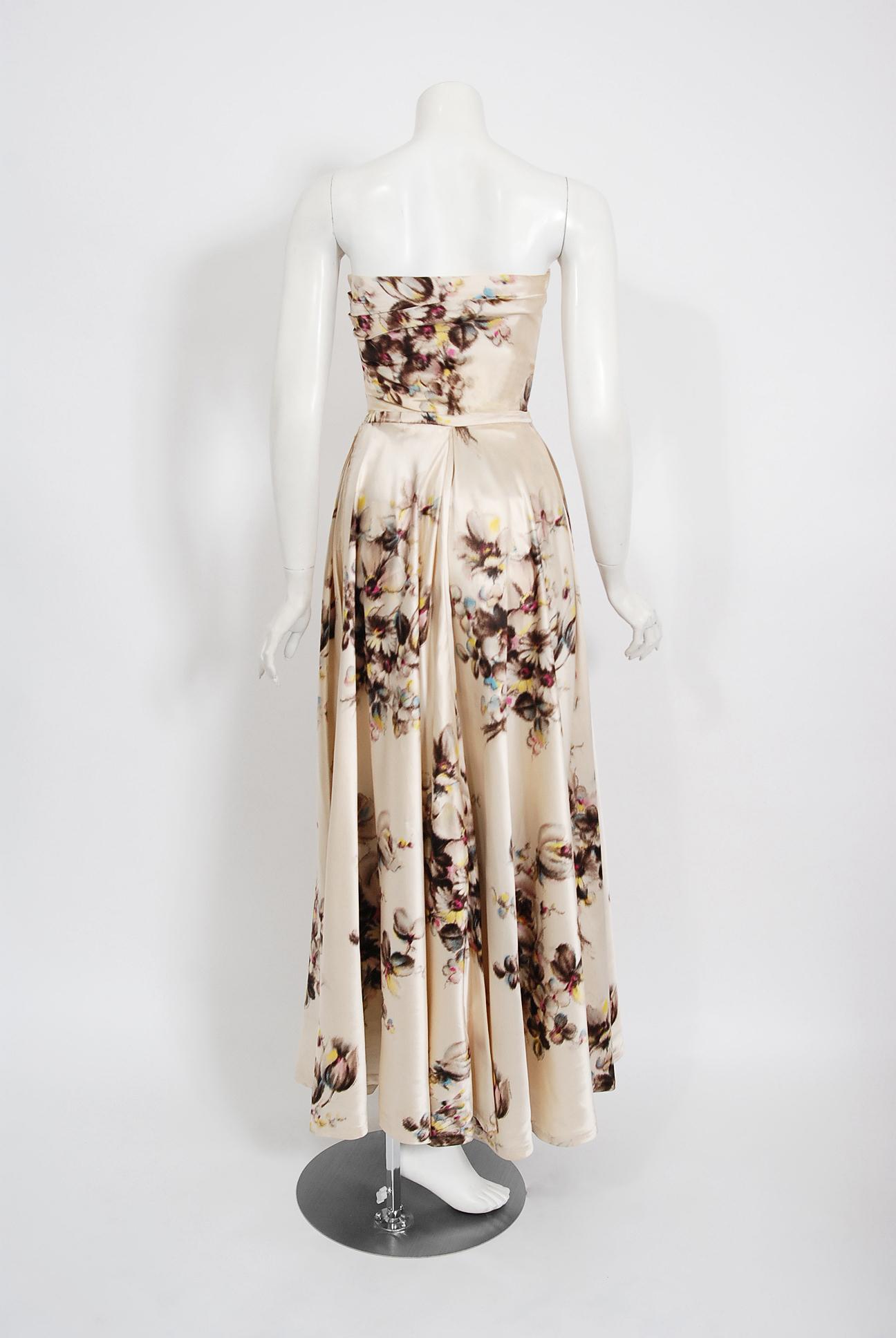 Beige Vintage 1950's Jeanne Lafaurie Couture Watercolor Floral Silk Strapless Gown For Sale