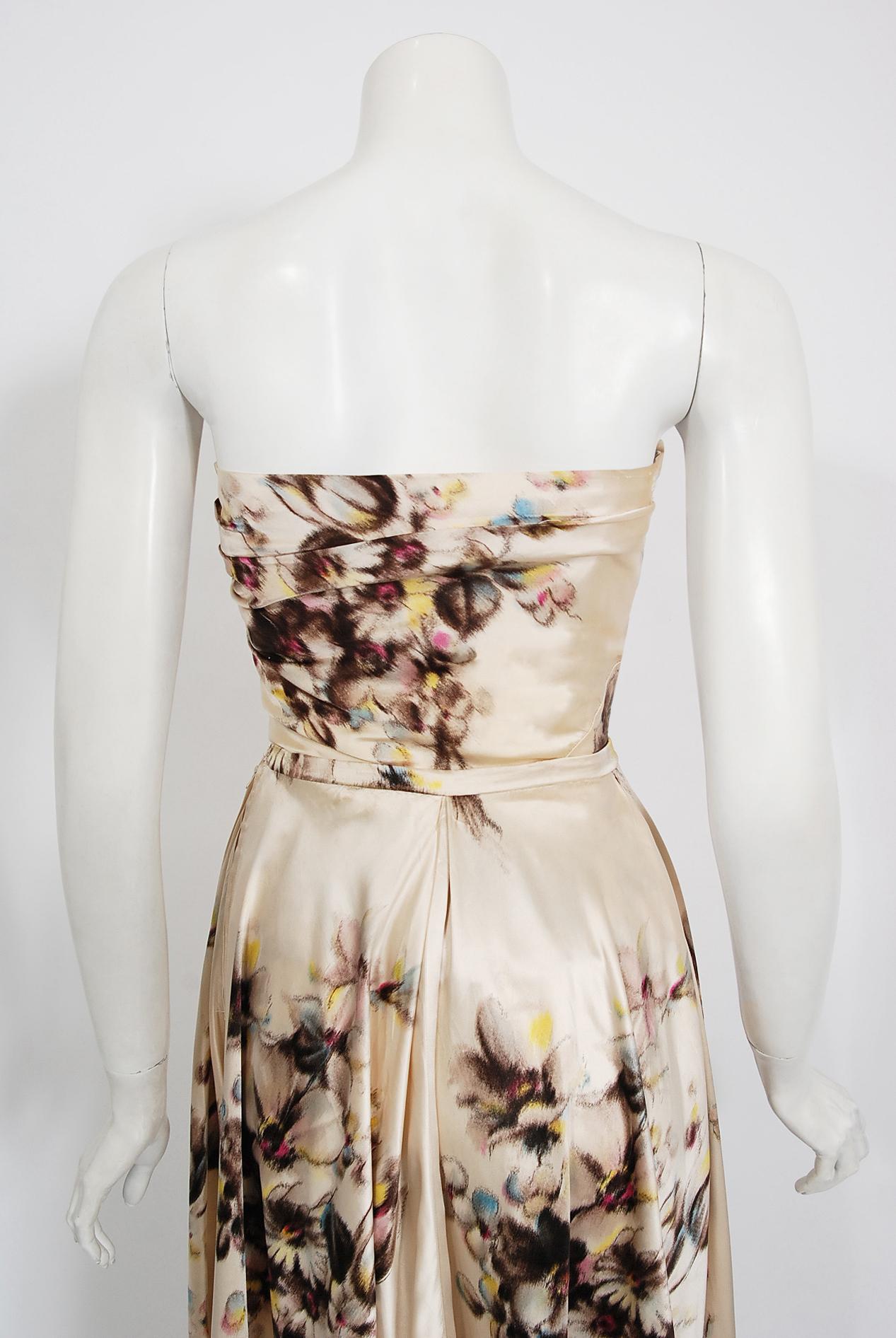 Vintage 1950's Jeanne Lafaurie Couture Watercolor Floral Silk Strapless Gown In Good Condition For Sale In Beverly Hills, CA