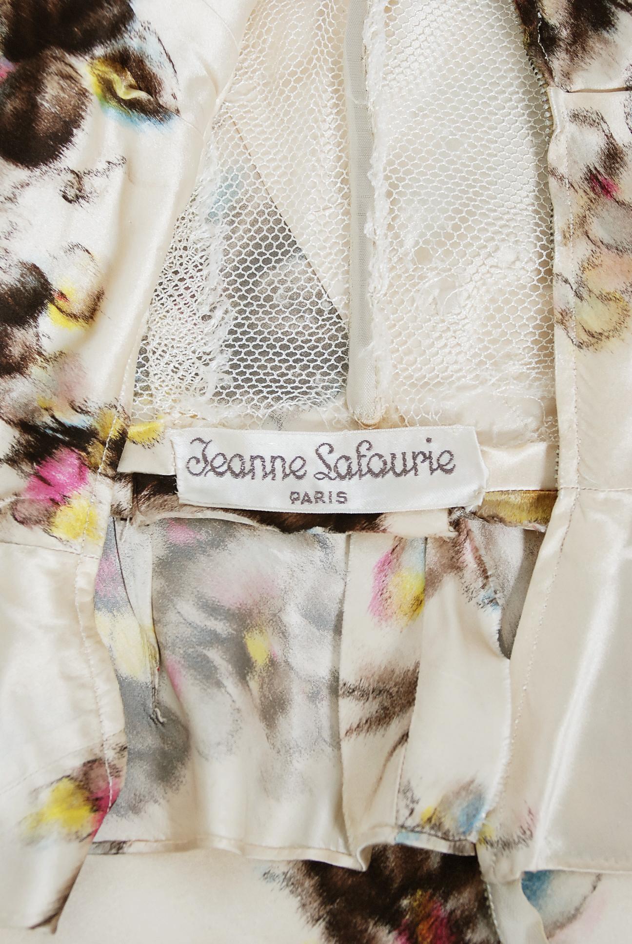 Jeanne Lafaurie Couture Trägerloses Aquarell-Kleid aus Seide mit Blumenmuster aus den 1950er Jahren im Angebot 4