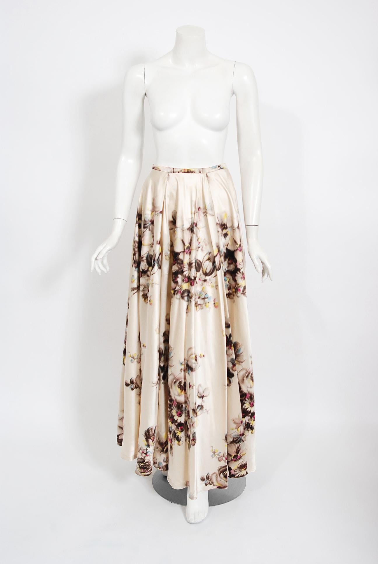 Women's Vintage 1950's Jeanne Lafaurie Couture Watercolor Floral Silk Strapless Gown For Sale