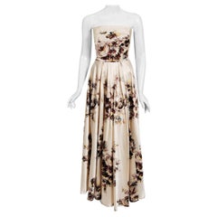 1950's Jeanne Lafaurie French Couture Watercolor Floral Silk Strapless Gown