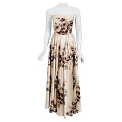 Used 1950's Jeanne Lafaurie Couture Watercolor Floral Silk Strapless Gown