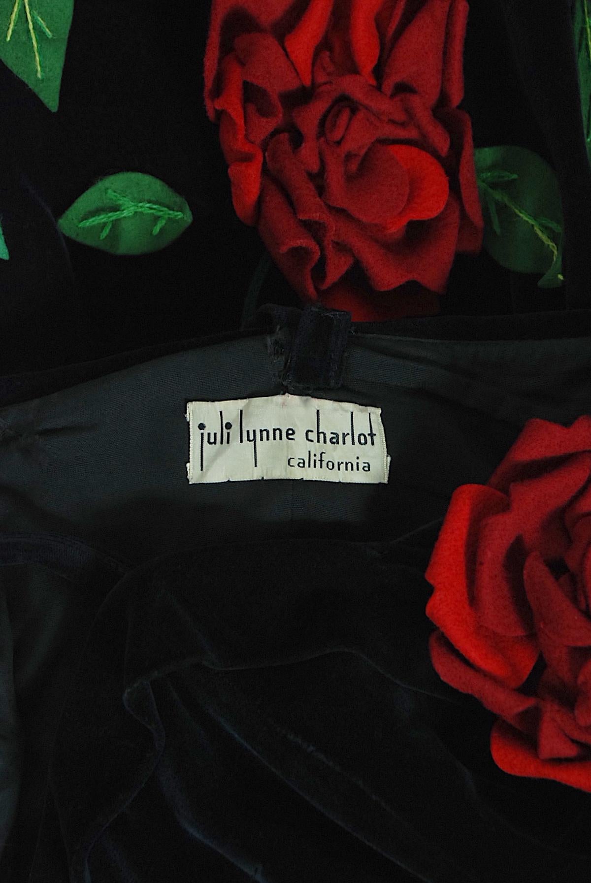 Vintage 1950's Juli Lynne Charlot Red Roses Appliqué Black Velvet Full Dress 5