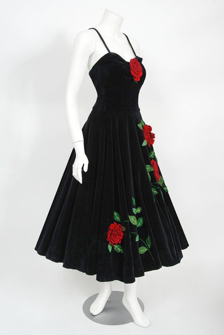 Vintage 1950's Juli Lynne Charlot Red Roses Appliqué Black Velvet Full ...