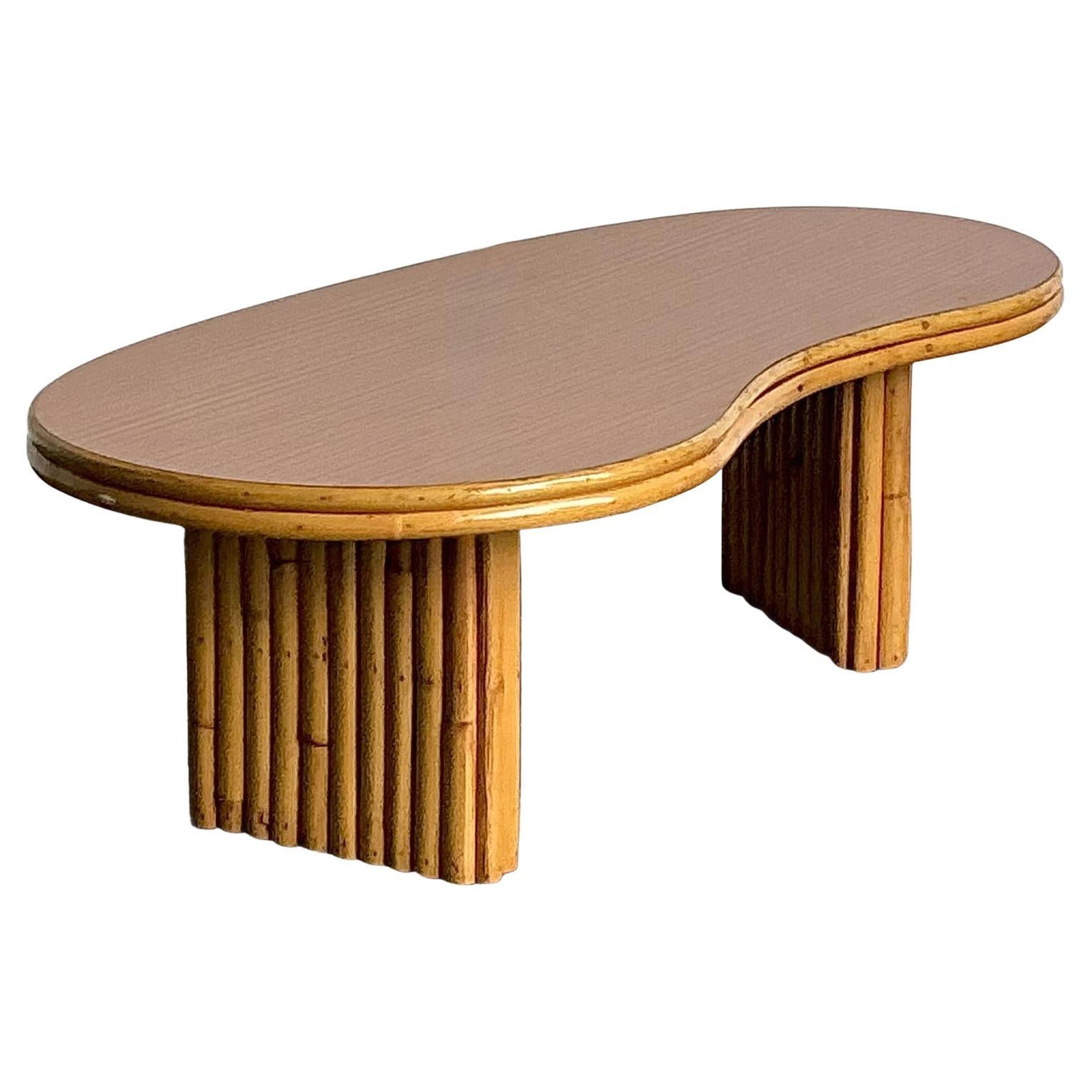 Vintage 1950s Kidney Rattan Coffee Table After Frankl