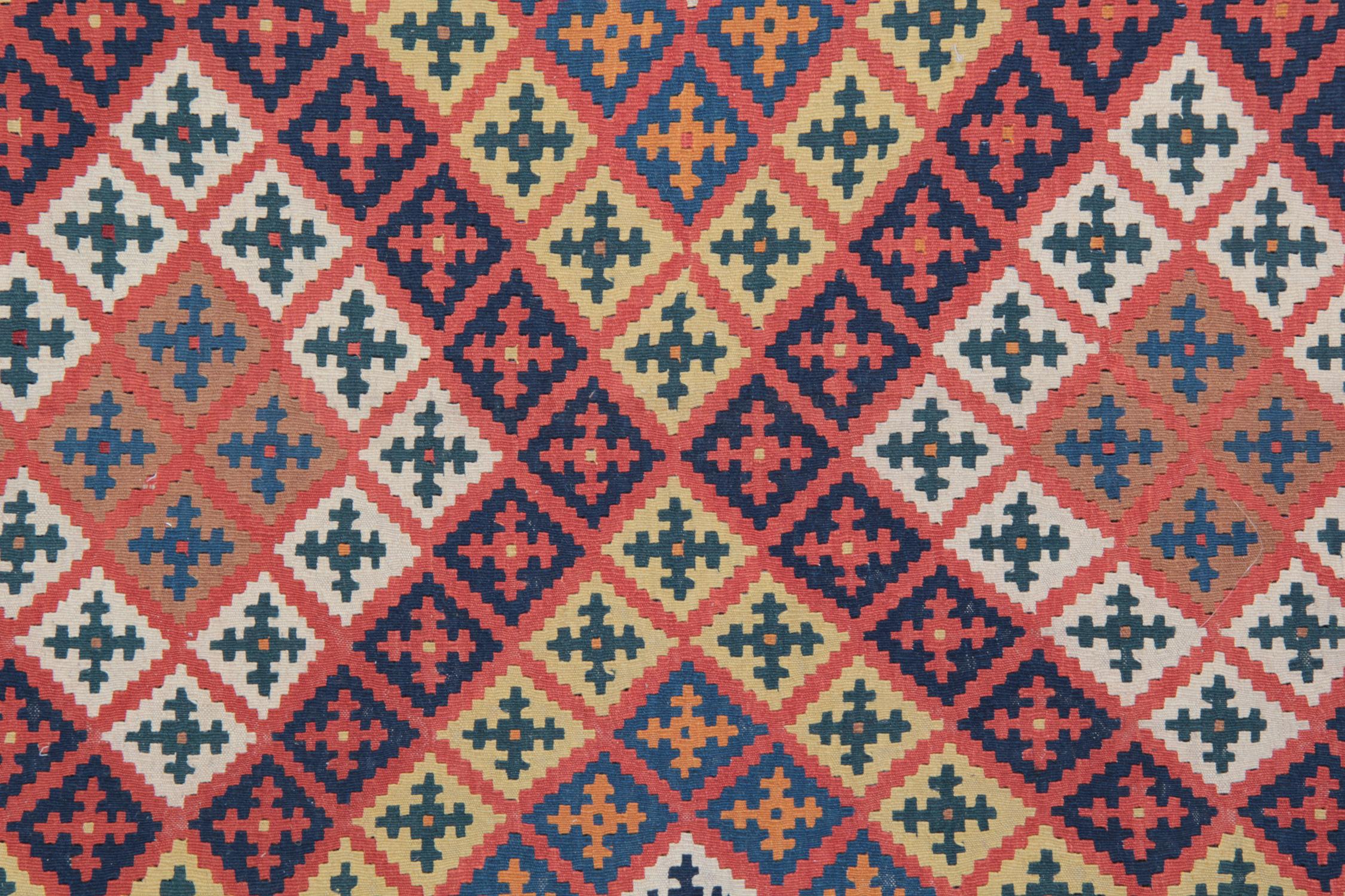 Hollywood Regency Vintage 1950s Kilim Rug with Multicolour Diamond Pattern For Sale