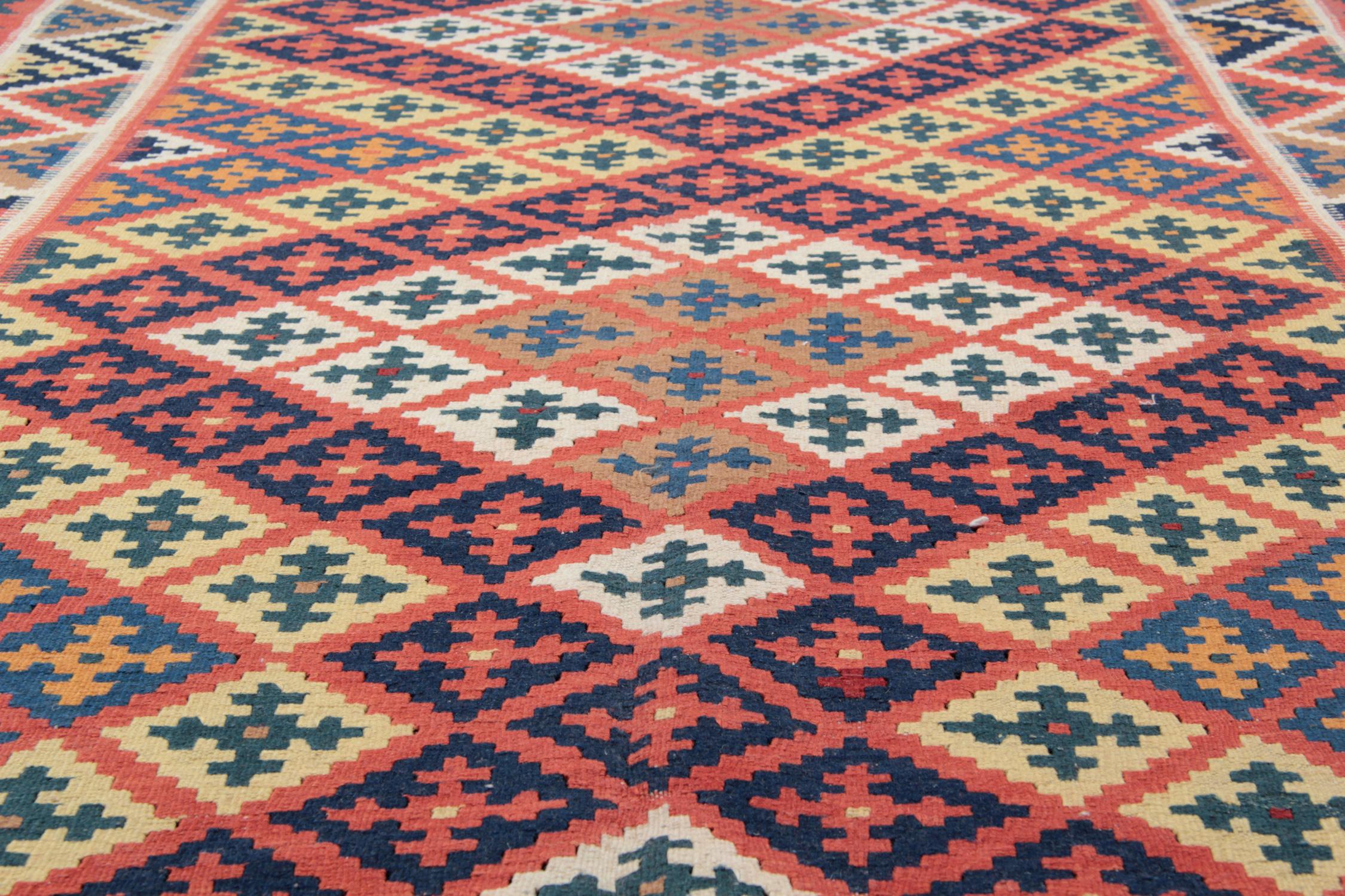 Mid-20th Century Vintage 1950s Kilim Rug with Multicolour Diamond Pattern For Sale