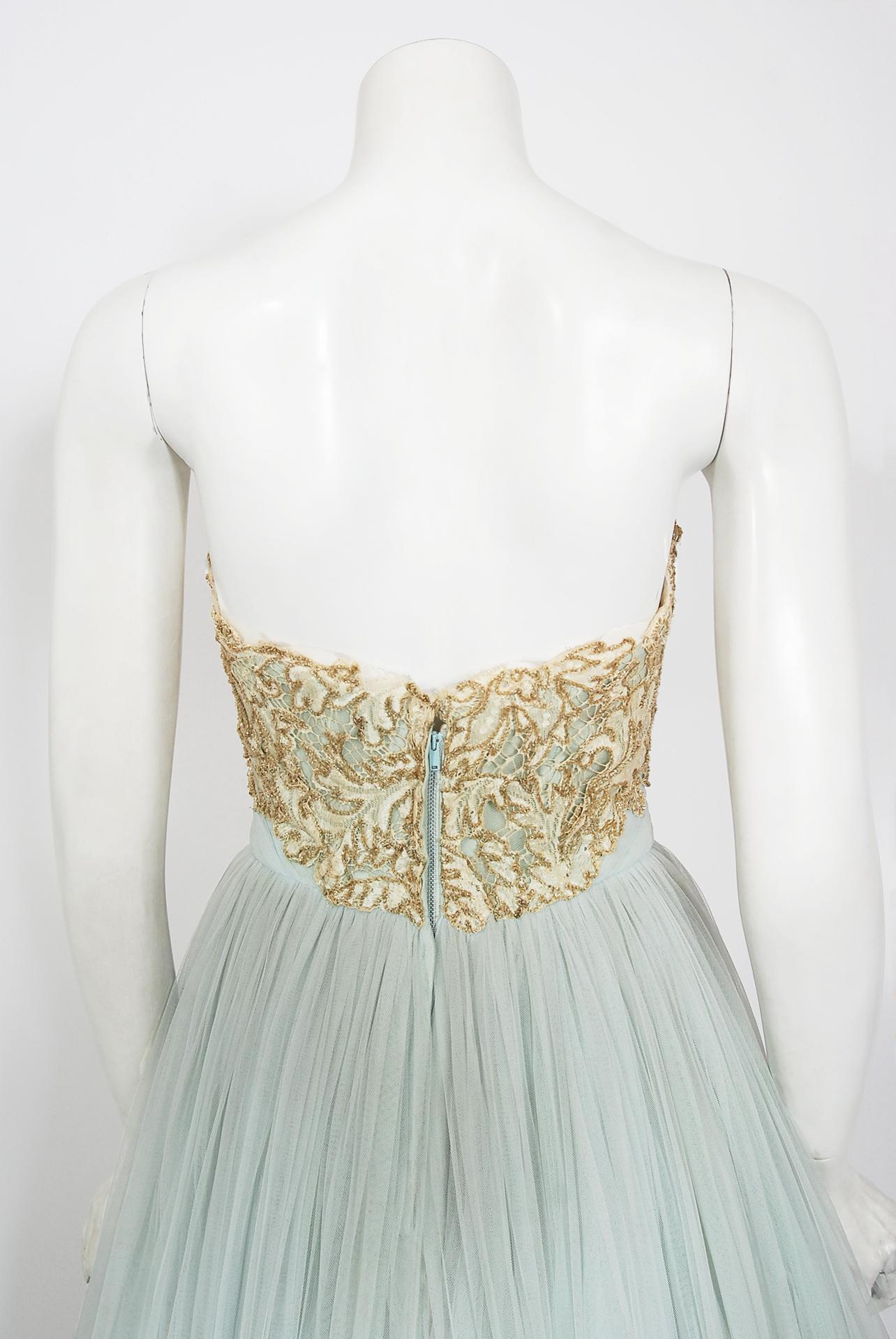 Vintage 1950's Kiviette Couture Ice Blue Tulle Metallic Gold Lace Strapless Gown 5
