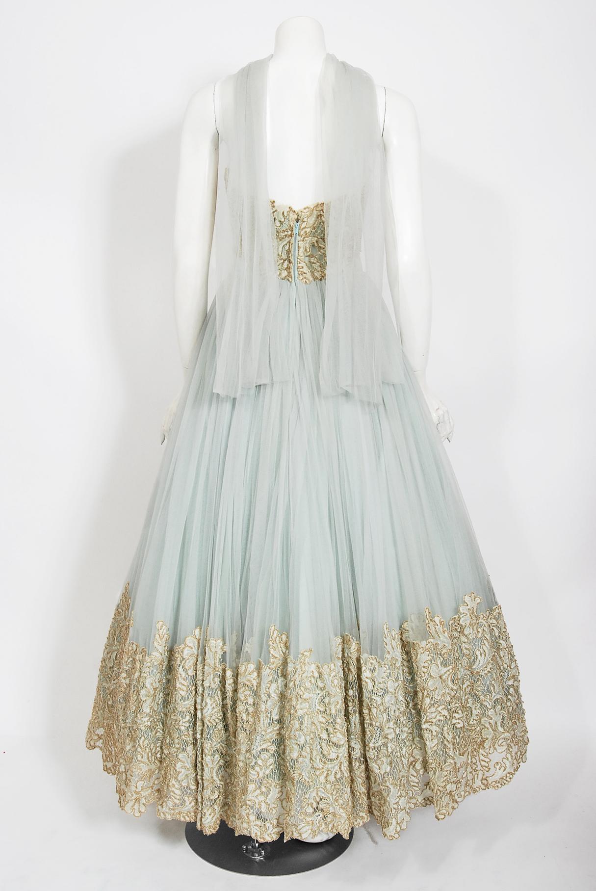 Vintage 1950's Kiviette Couture Ice Blue Tulle Metallic Gold Lace Strapless Gown 4