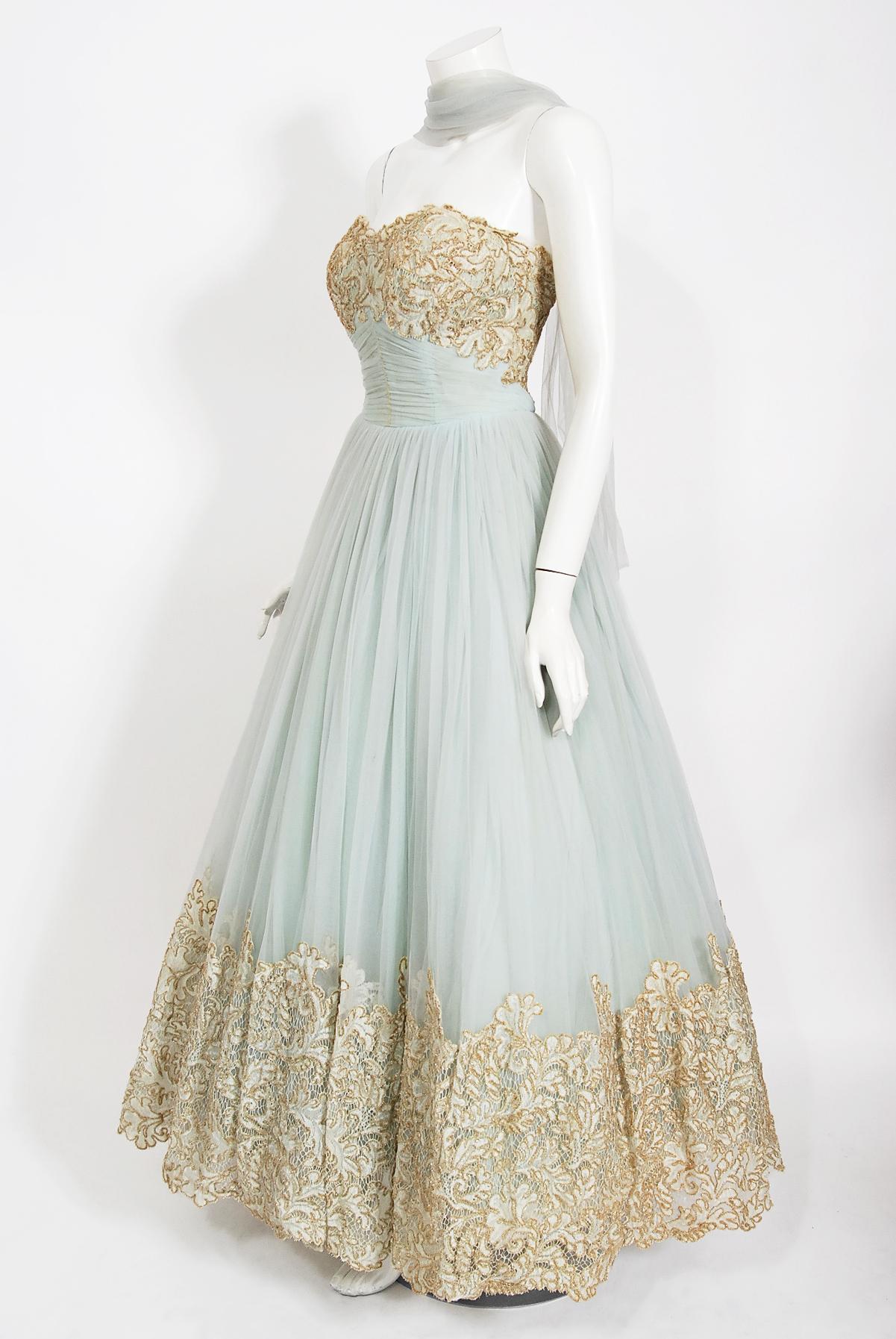 Gray Vintage 1950's Kiviette Couture Ice Blue Tulle Metallic Gold Lace Strapless Gown
