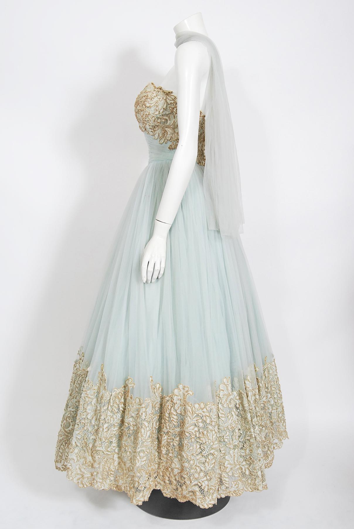 Women's Vintage 1950's Kiviette Couture Ice Blue Tulle Metallic Gold Lace Strapless Gown