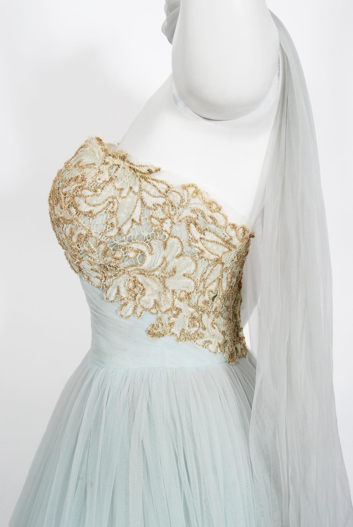 Vintage 1950's Kiviette Couture Ice Blue Tulle Metallic Gold Lace Strapless Gown 1