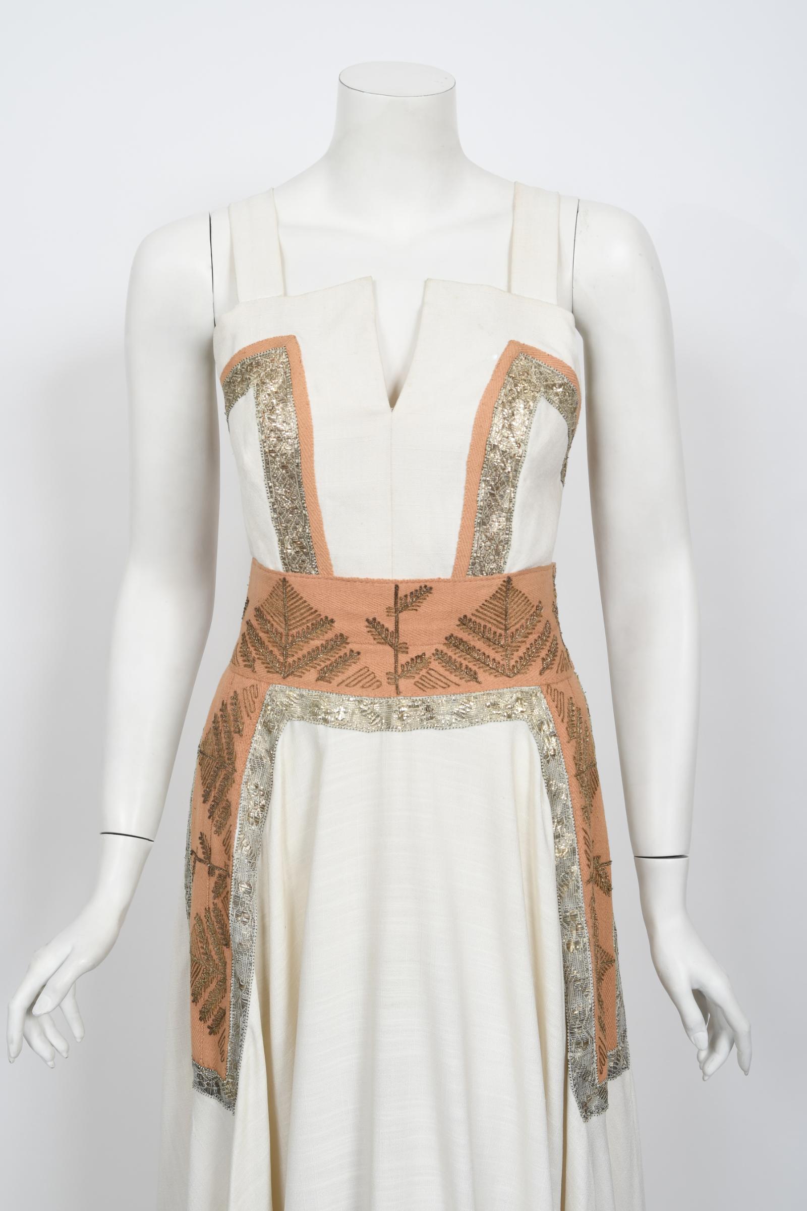  Vintage 1950's Lanvin Castillo Couture Metallic Embroidered Ivory Linen Gown Set Pour femmes 