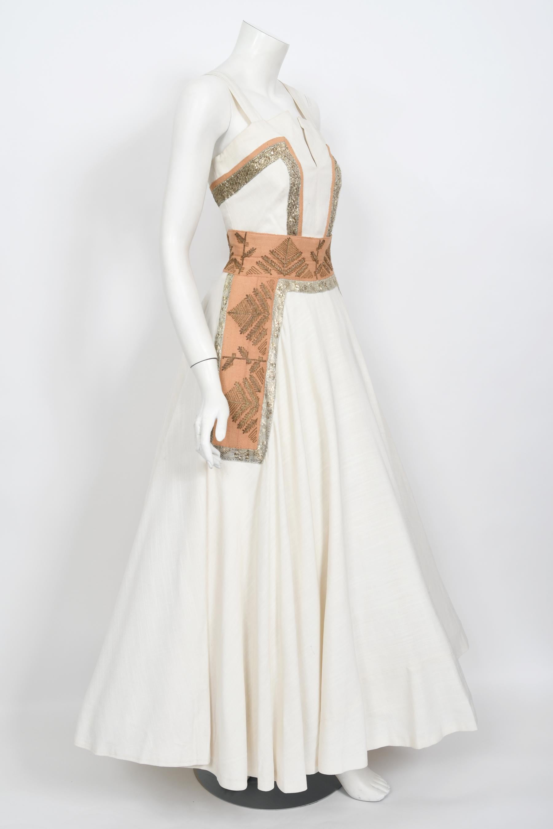Vintage 1950's Lanvin Castillo Couture Metallic Embroidered Ivory Linen Gown Set 6