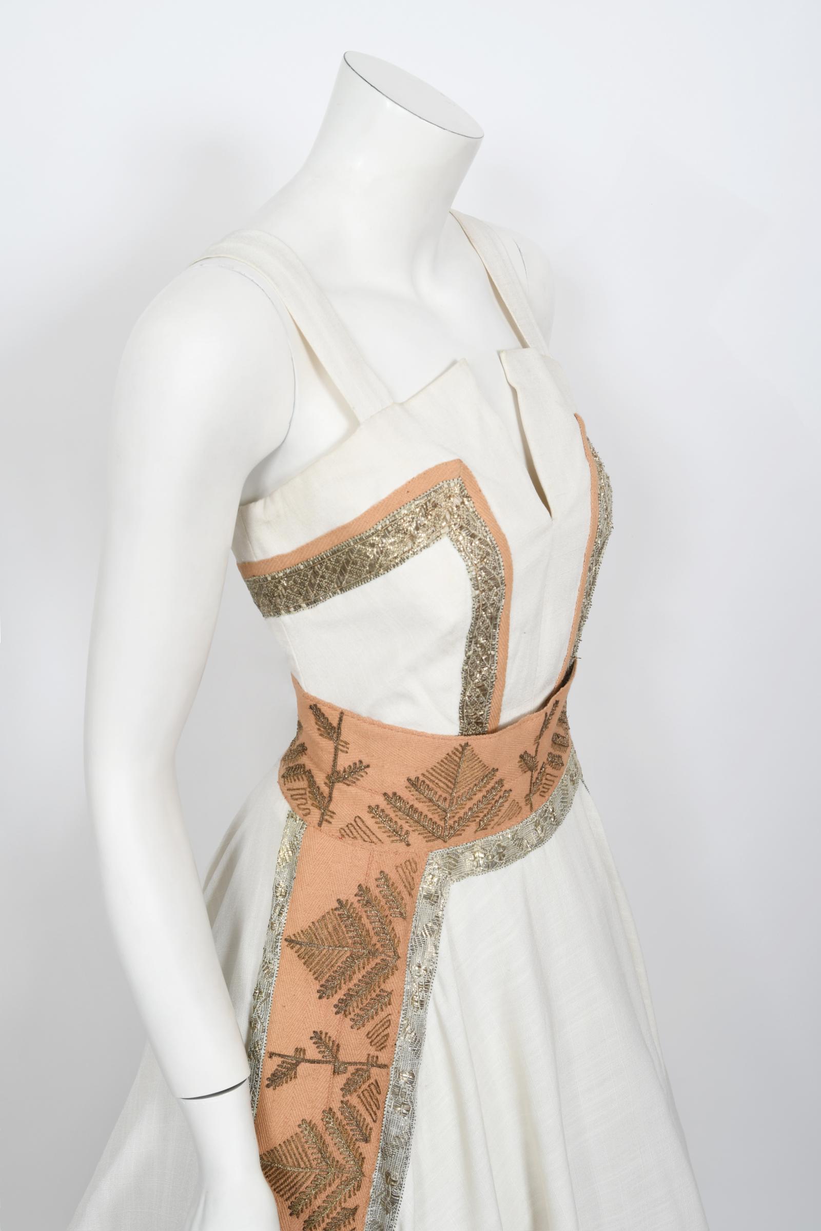 Vintage 1950's Lanvin Castillo Couture Metallic Embroidered Ivory Linen Gown Set 7