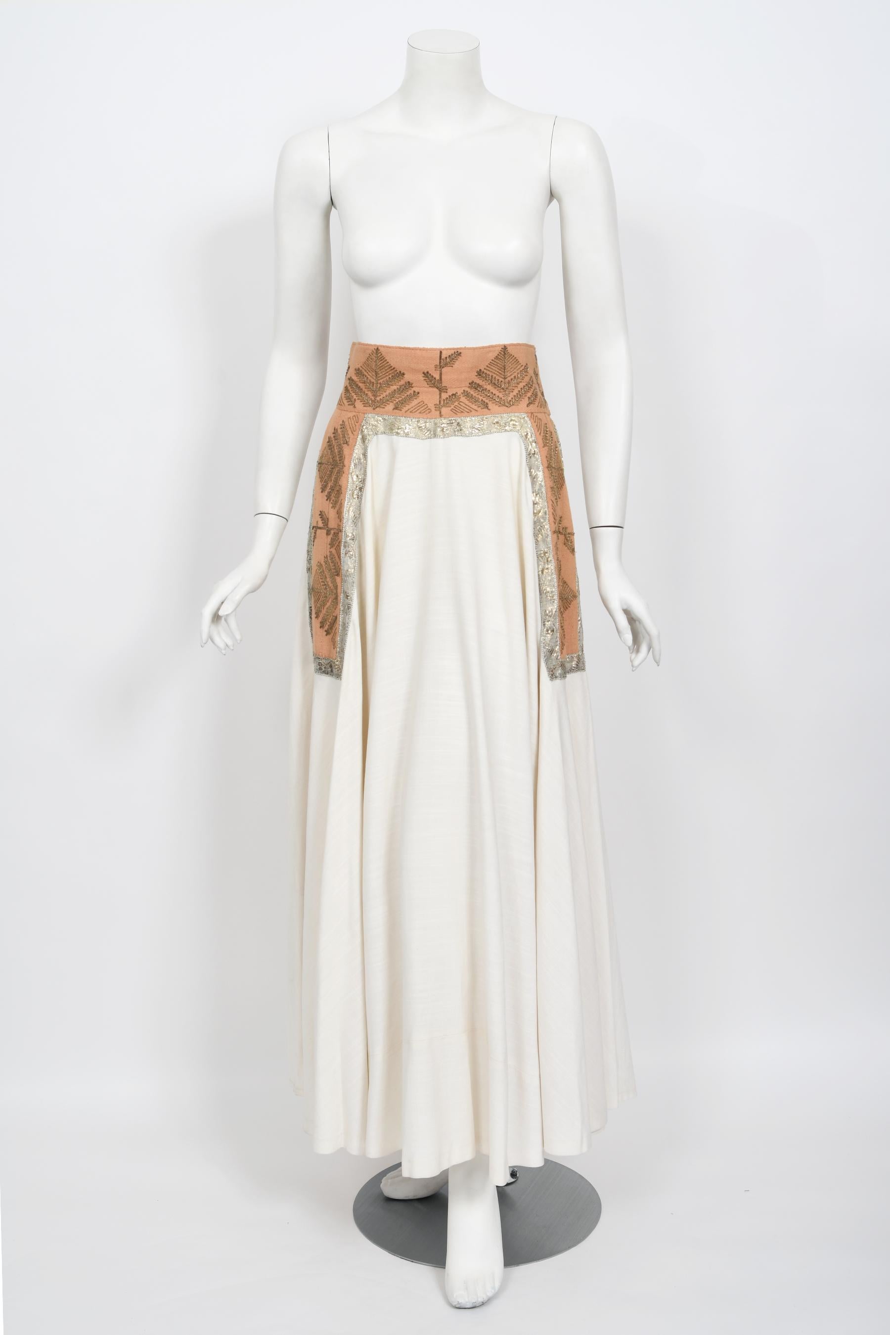 Vintage 1950's Lanvin Castillo Couture Metallic Embroidered Ivory Linen Gown Set 10