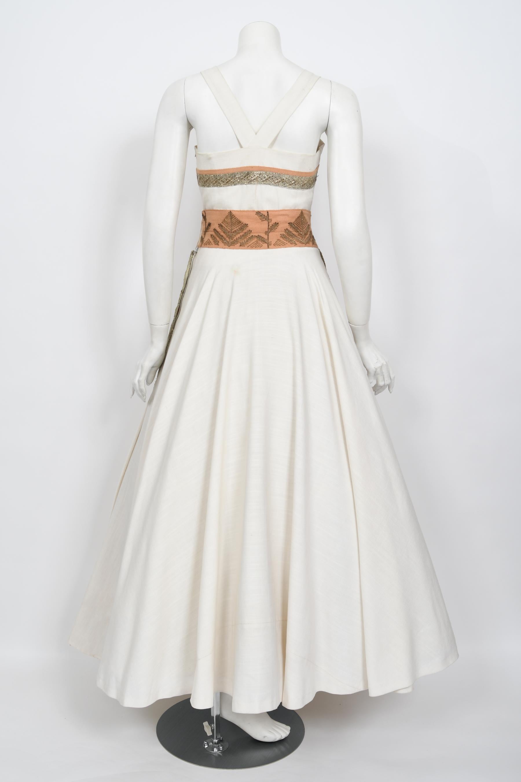 Vintage 1950's Lanvin Castillo Couture Metallic Embroidered Ivory Linen Gown Set 9