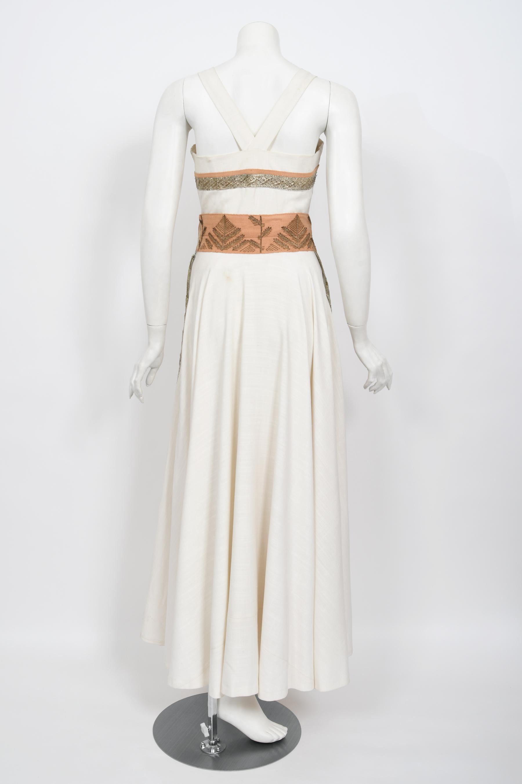 Vintage 1950's Lanvin Castillo Couture Metallic Embroidered Ivory Linen Gown Set 12