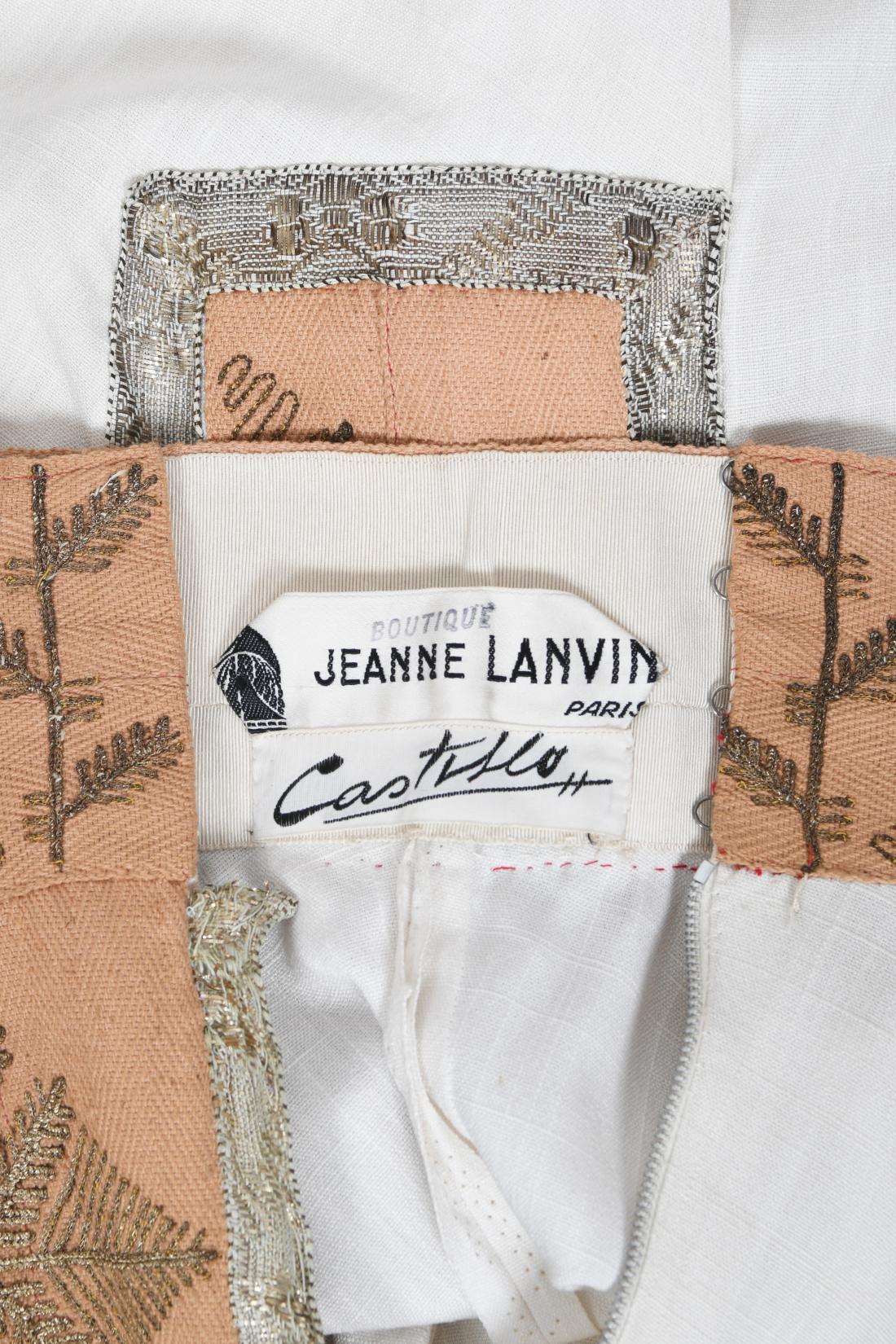 Vintage 1950's Lanvin Castillo Couture Metallic Embroidered Ivory Linen Gown Set 14