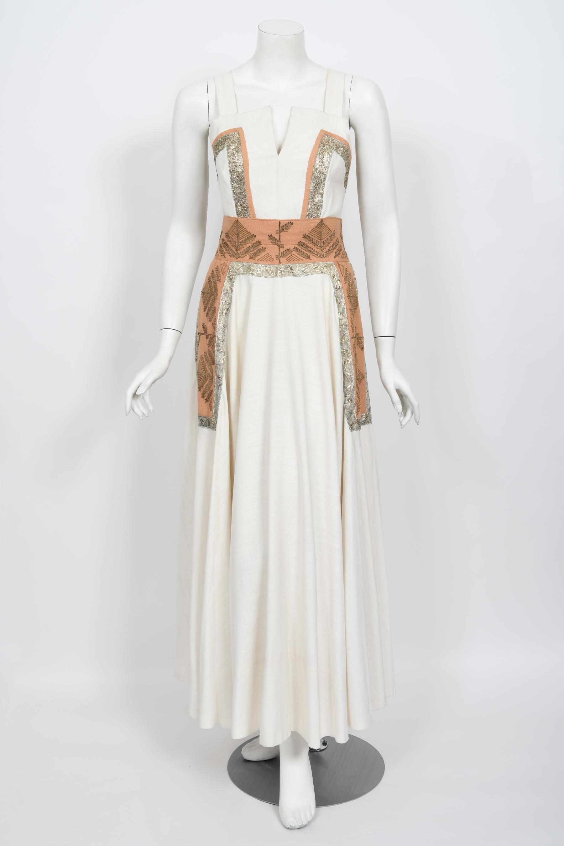 Vintage 1950's Lanvin Castillo Couture Metallic Embroidered Ivory Linen Gown Set In Good Condition In Beverly Hills, CA