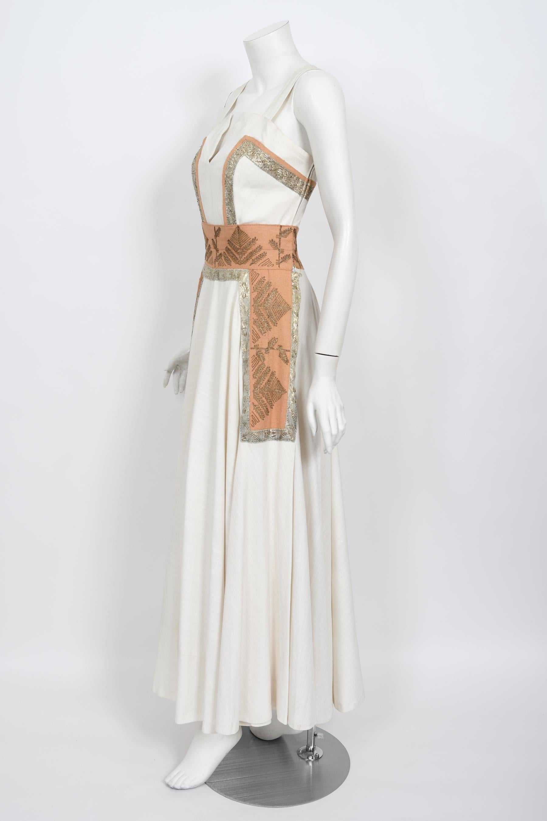 Vintage 1950's Lanvin Castillo Couture Metallic Embroidered Ivory Linen Gown Set 3