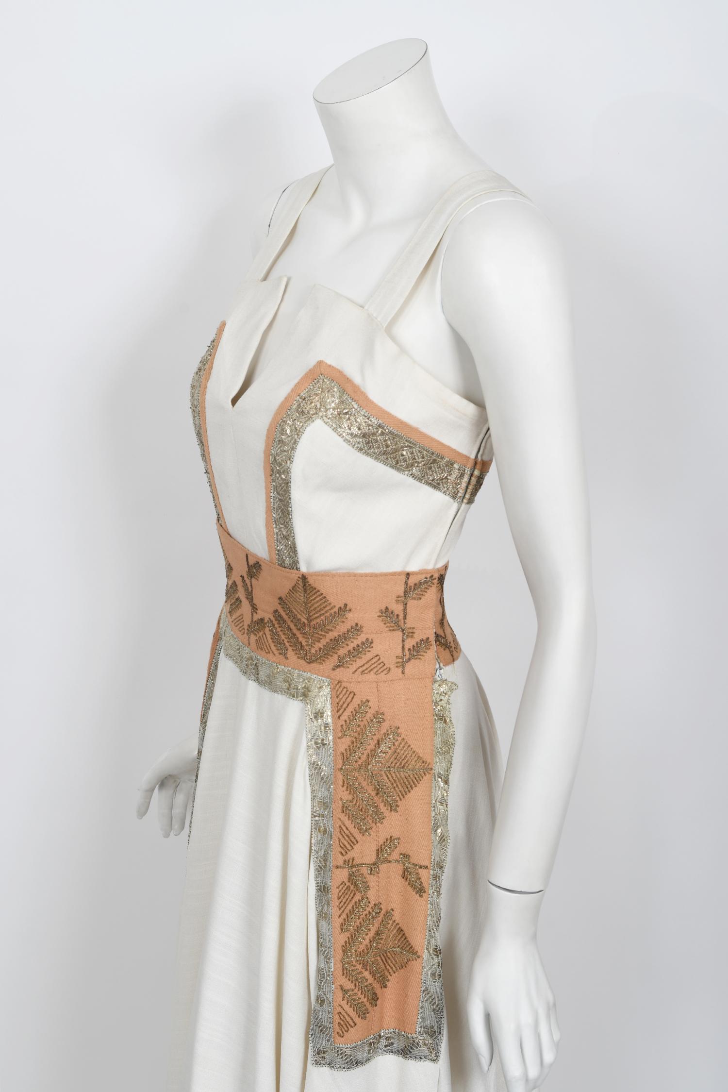 Vintage 1950's Lanvin Castillo Couture Metallic Embroidered Ivory Linen Gown Set 4