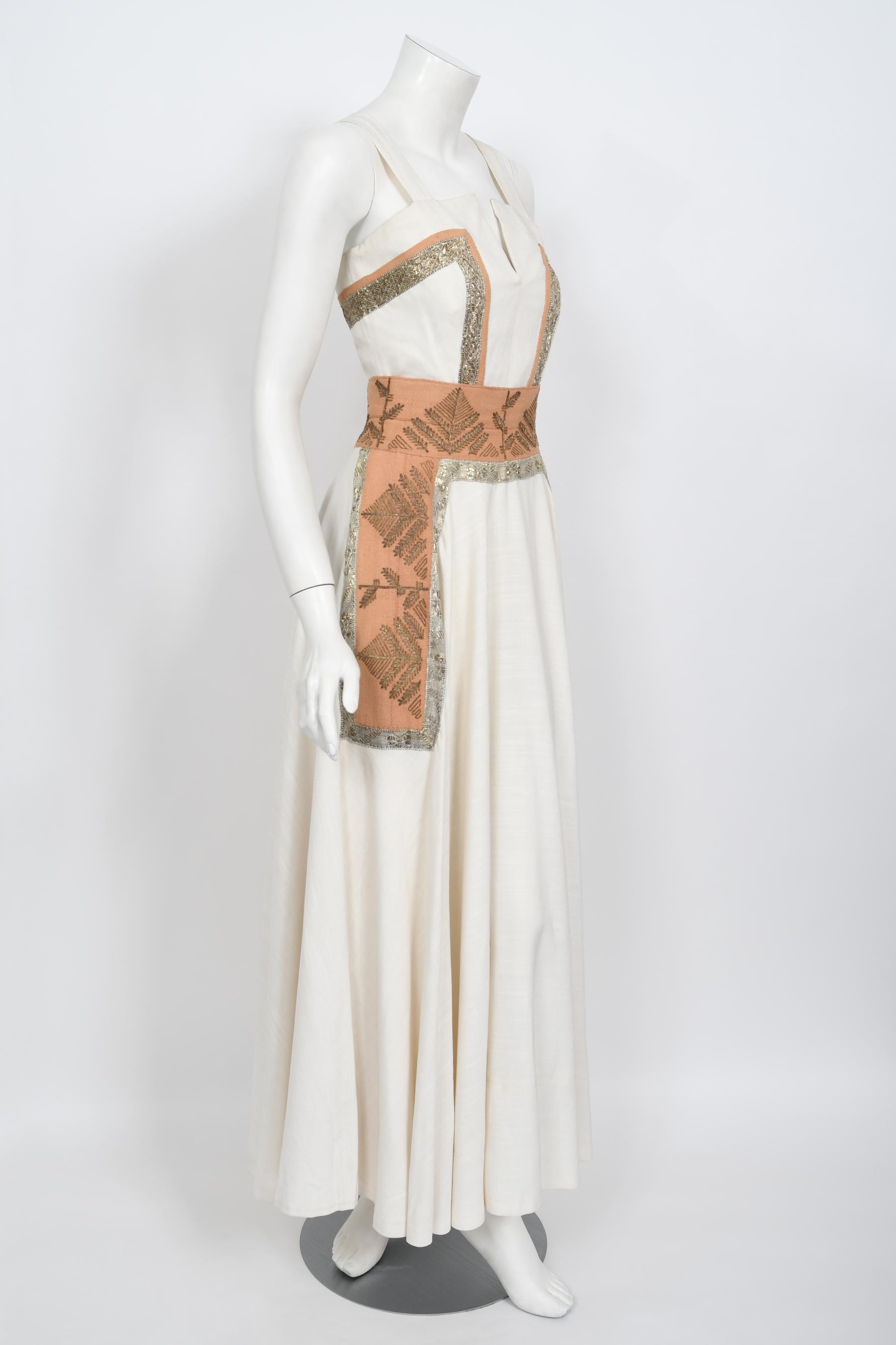 Vintage 1950's Lanvin Castillo Couture Metallic Embroidered Ivory Linen Gown Set 5