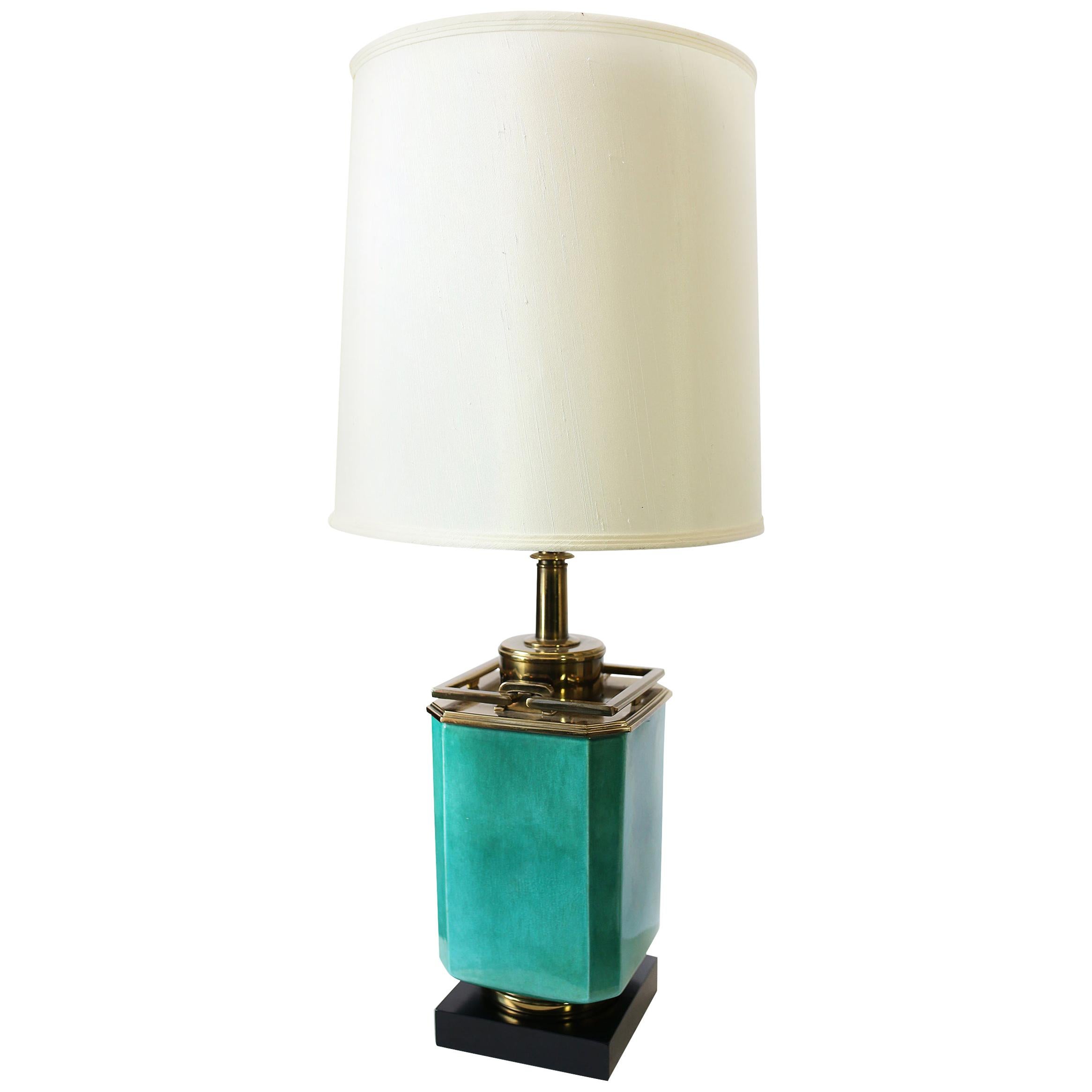 Vintage 1950s Large Turquoise and Brass Table Lamp by Edwin Cole for Stiffel