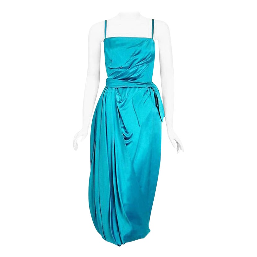 Vintage 1950
s Lee Claire Aqua-Blue Silk Ruched Asymmetric Draped Cocktail Dress For Sale