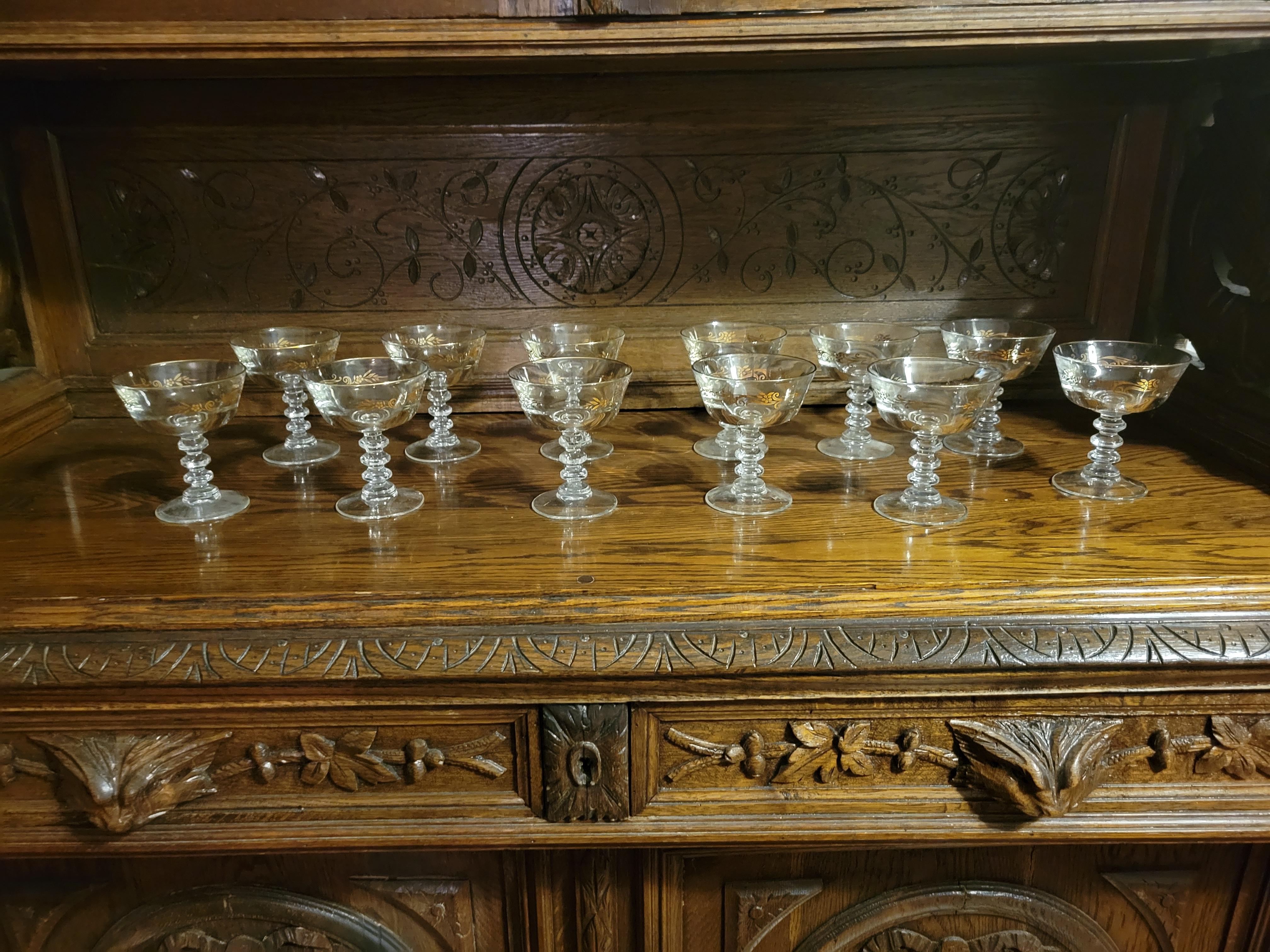 A set of 12 Lifetime 'Gold Crown' Champaign / Sherbet glasses. This set was made approximately in 1951. Each glass is 3 3/4