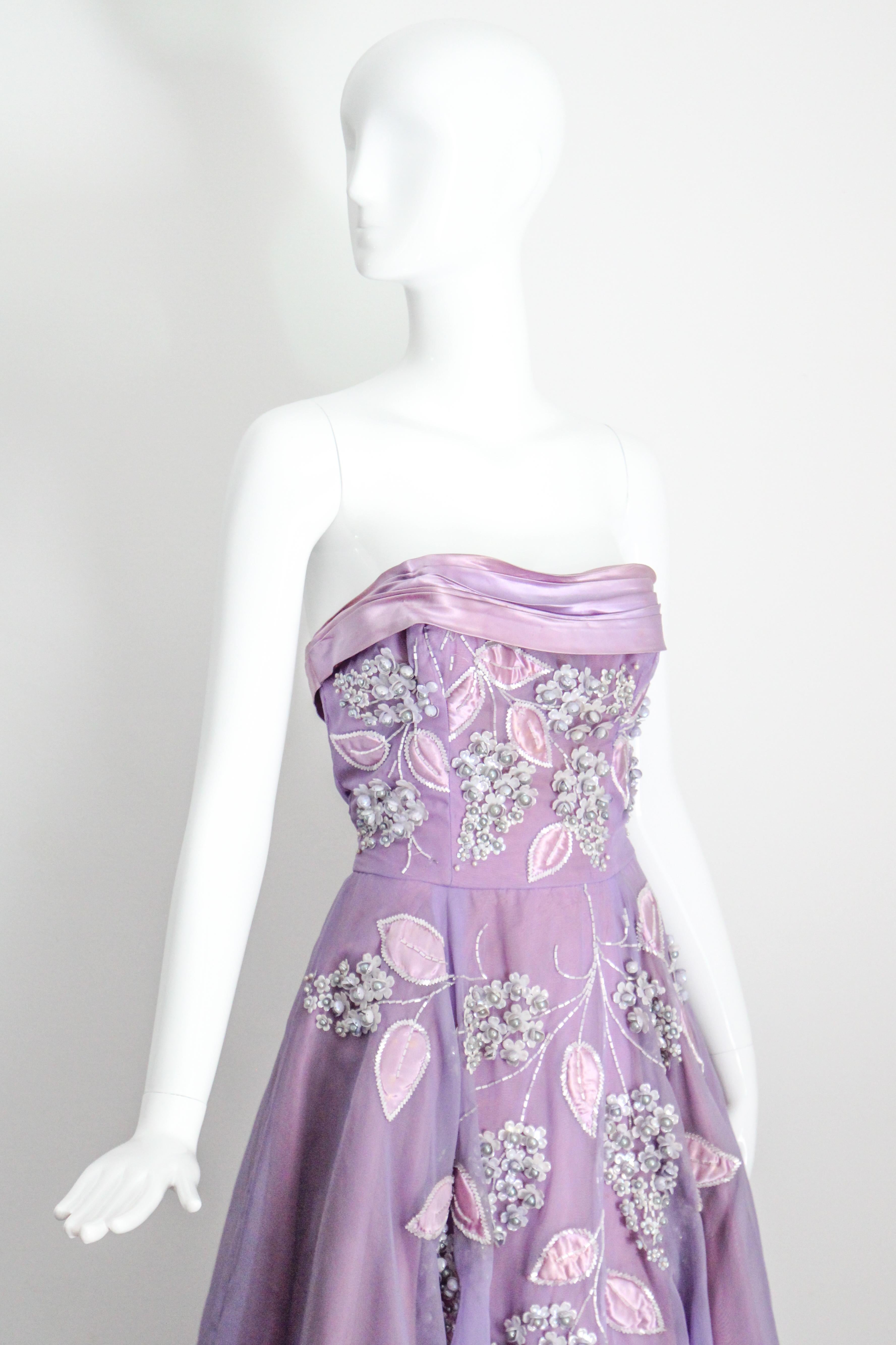 Abito floreale lilla con perline e giacca abbinata anni '50 UK 8 US 4 in vendita 1