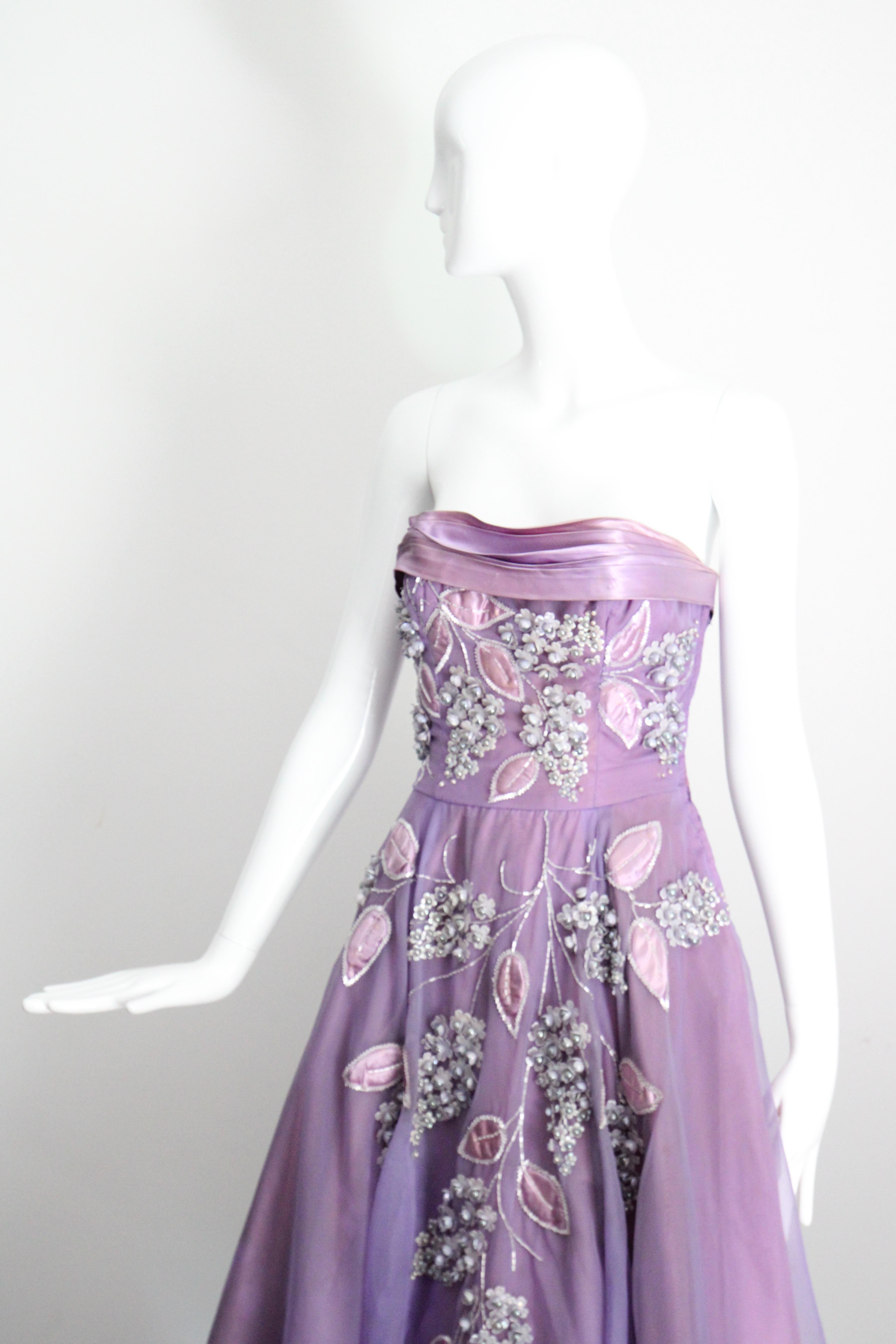 Abito floreale lilla con perline e giacca abbinata anni '50 UK 8 US 4 in vendita 4