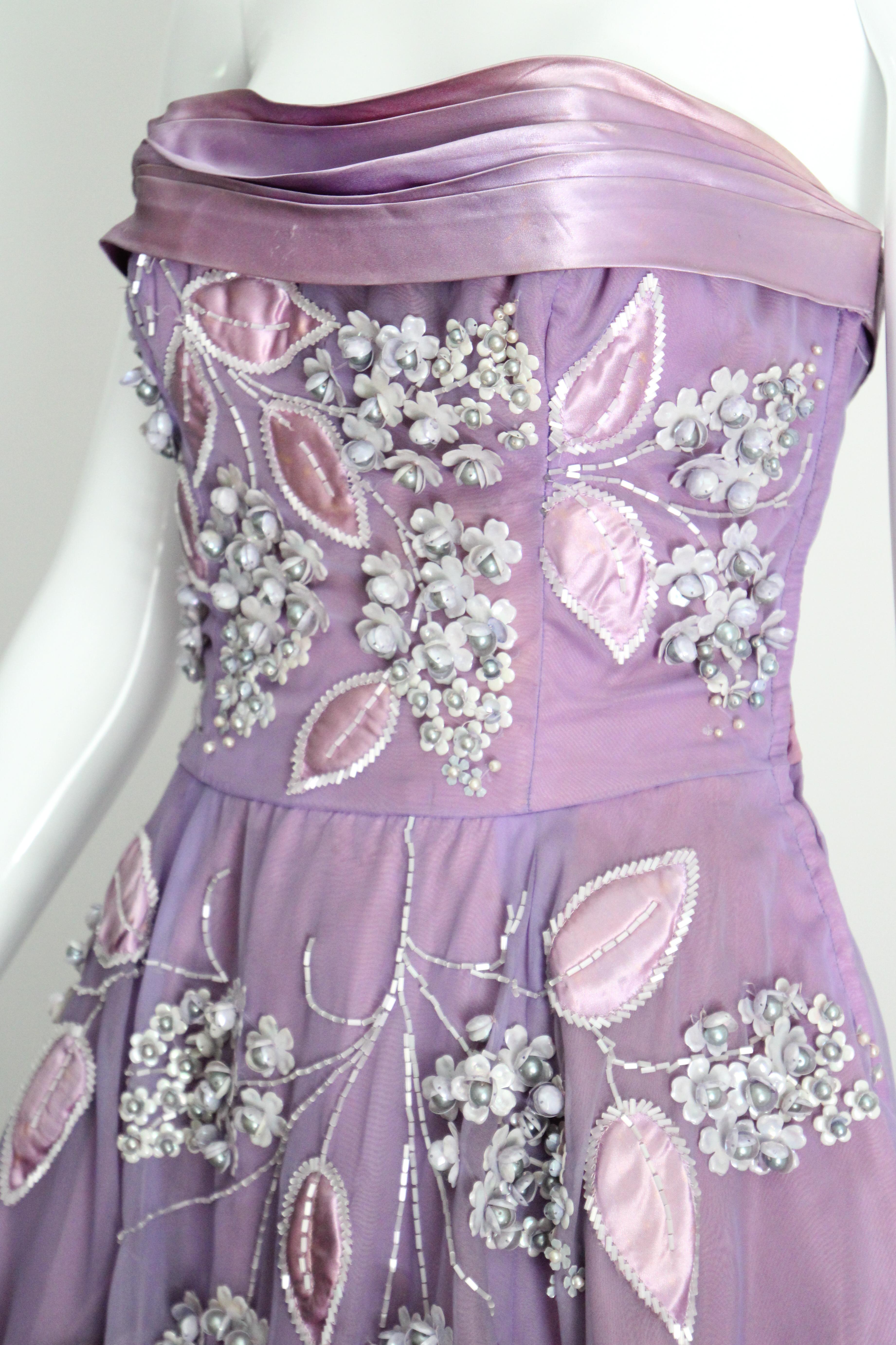 Abito floreale lilla con perline e giacca abbinata anni '50 UK 8 US 4 in vendita 5