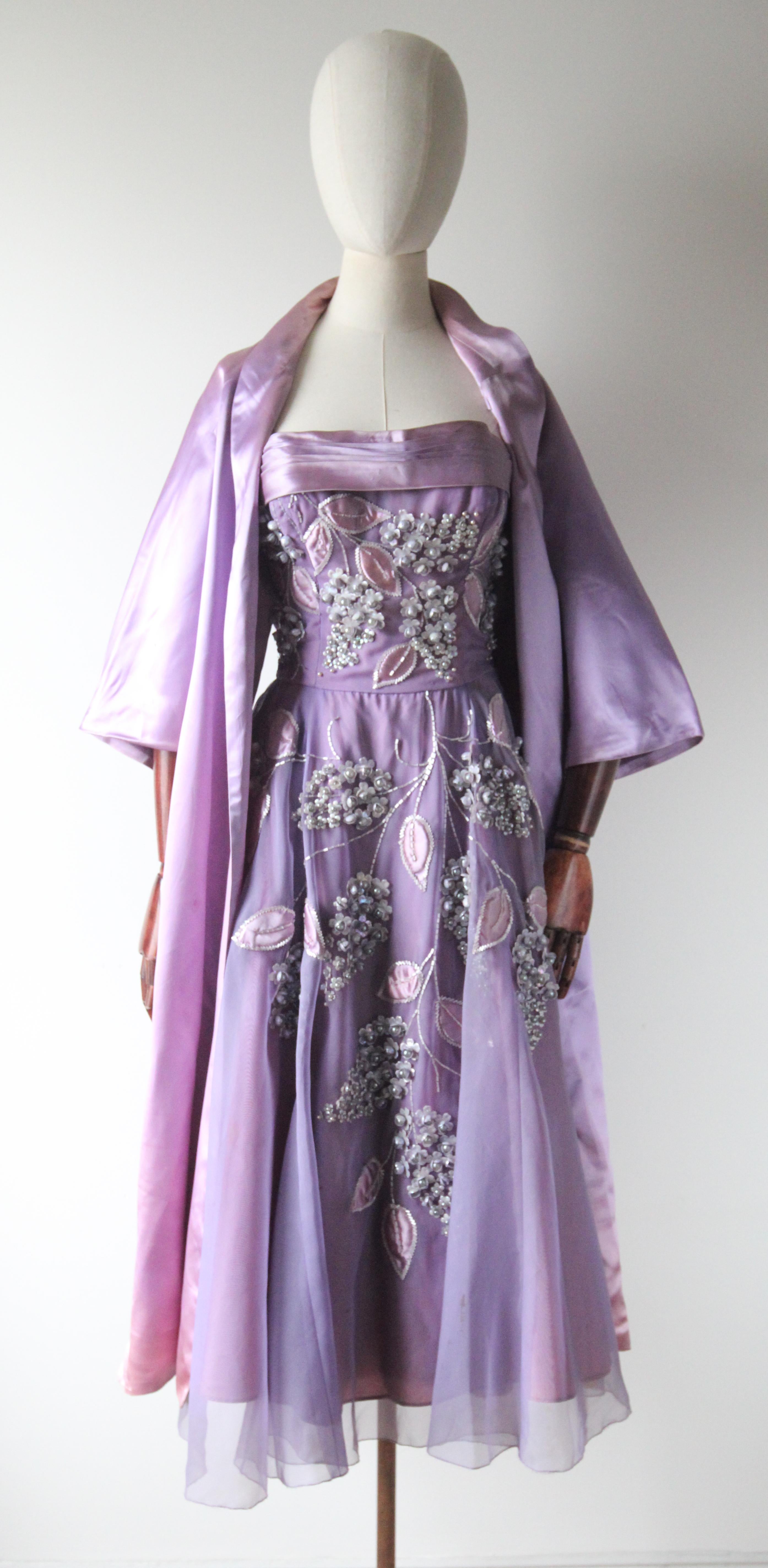 Vintage 1950's Lilac Beaded Floral Kleid und passende Jacke fünfziger Jahre UK 8 US 4 im Angebot 10