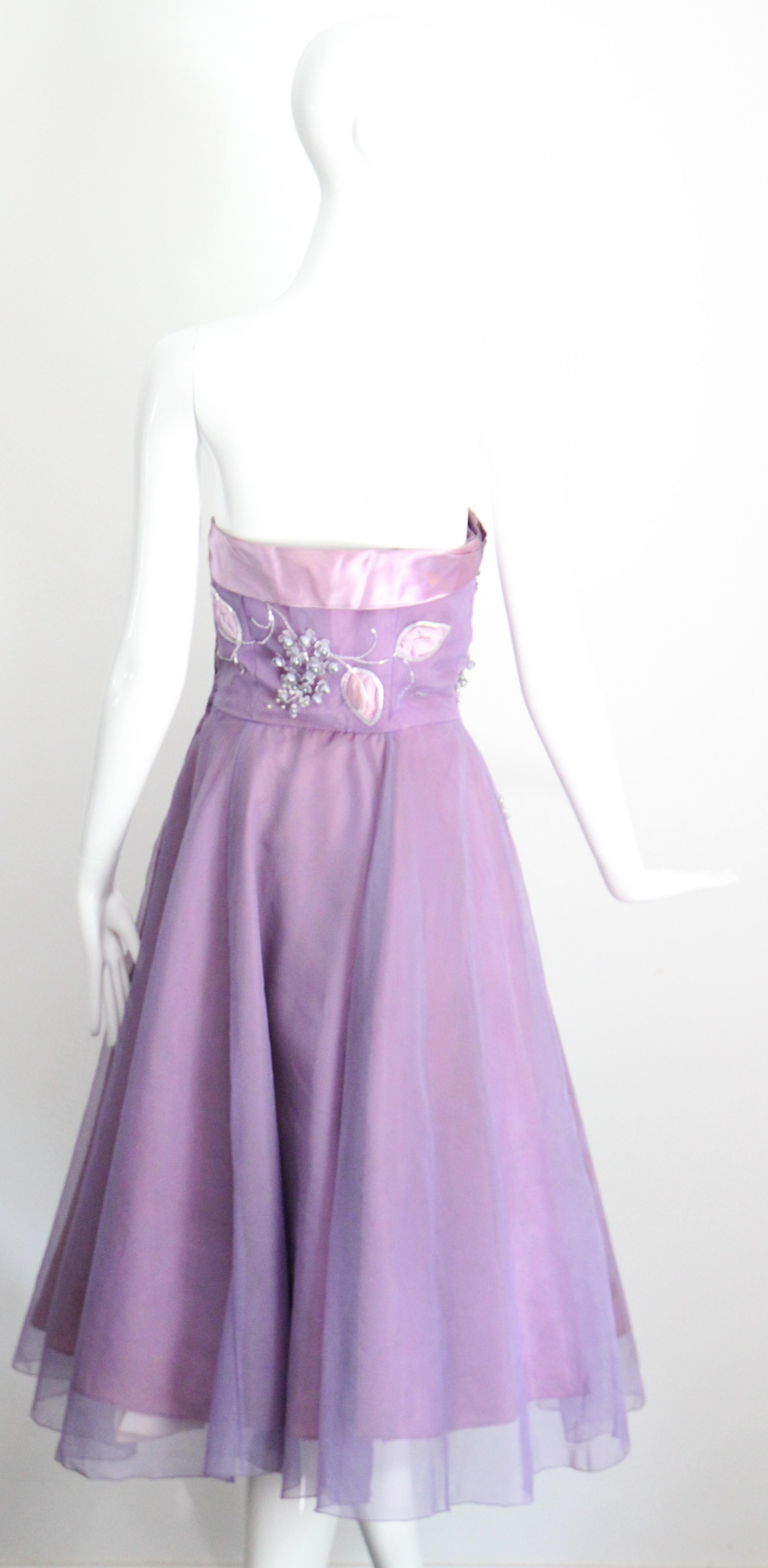 Abito floreale lilla con perline e giacca abbinata anni '50 UK 8 US 4 in vendita 6